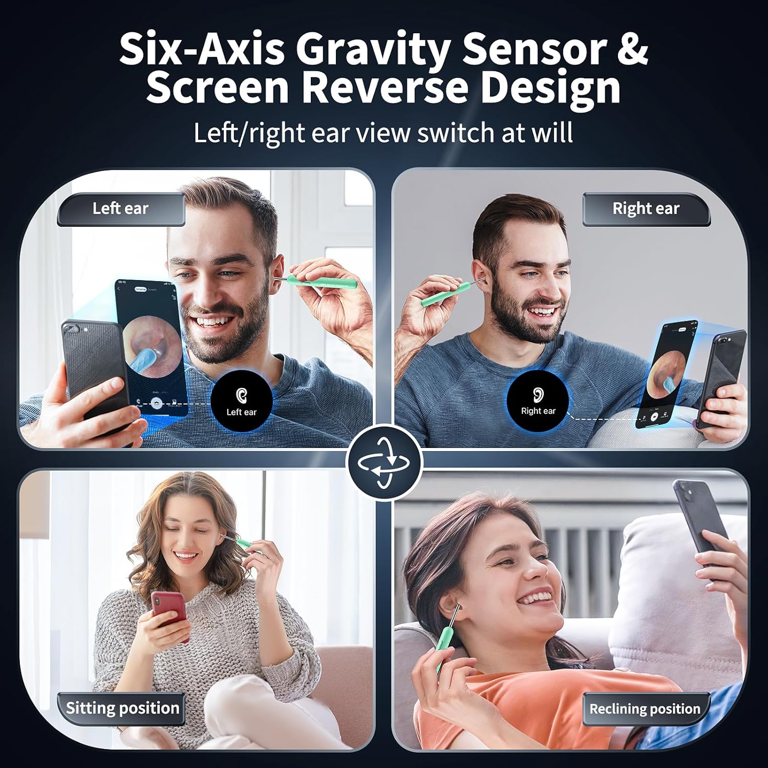 Illustrations of users holding the AIFINI X2 ear cleaner and viewing their ear canal on a smartphone, showing left ear, right ear, sitting, and reclining positions.