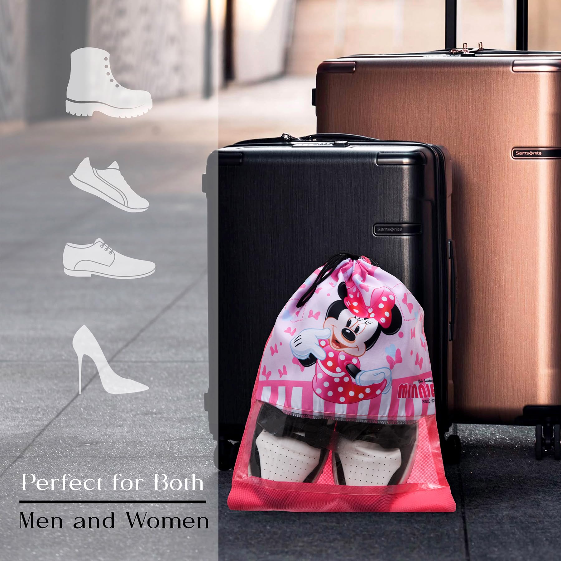 Kuber Industries Disney Minnie Schuhüberzug | Reise-Schuhaufbewahrungstaschen | Polyester-Aufbewahrungstasche | Schuhüberzug mit Kordelzug | Schuh-Organizer mit transparentem Fenster | 6 Stück | Rosa