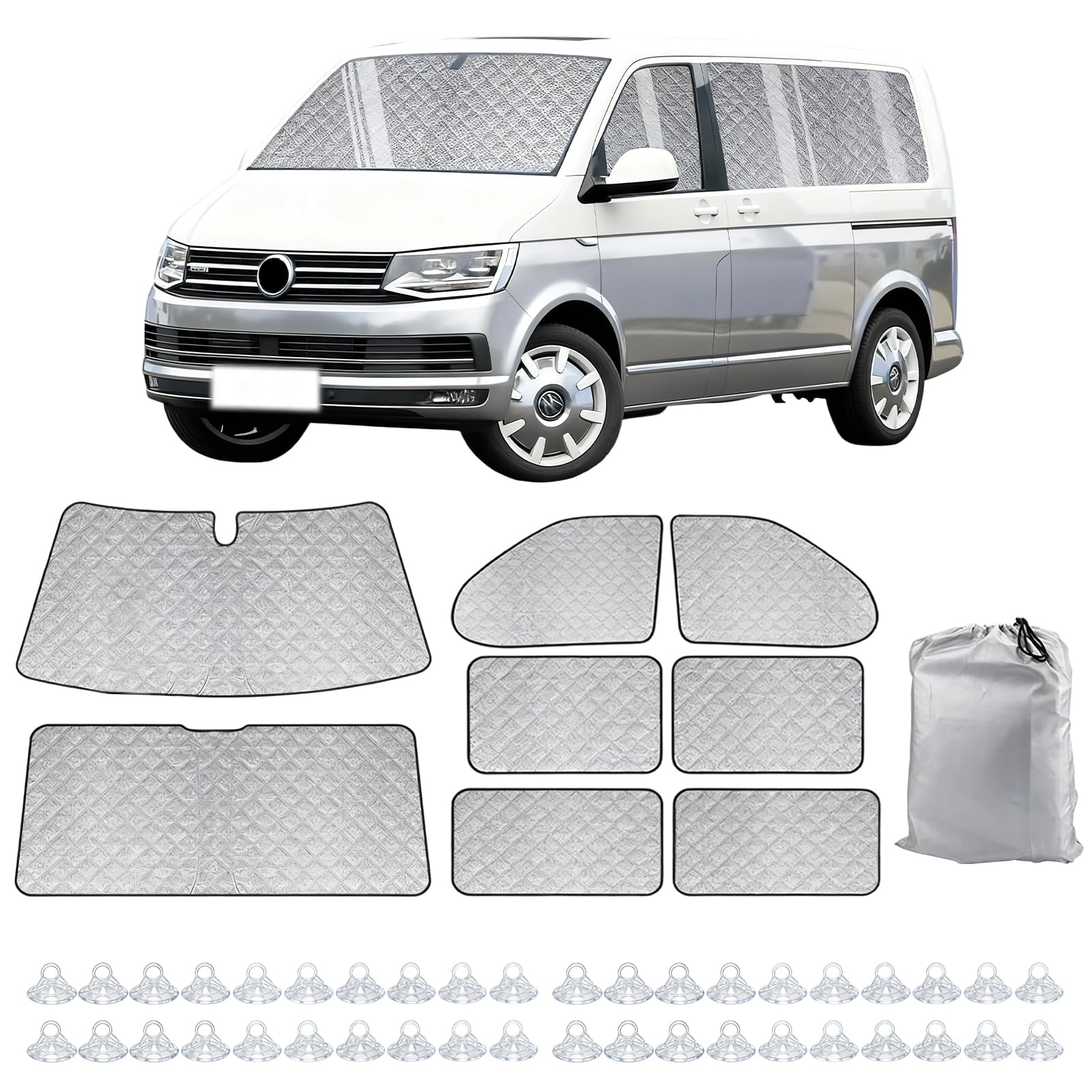 Parasoles termicos para Furgonetas para VW T5 T6 LWB, 8 Piezas Juego de Protector de Parabrisas, persianas térmicas internas VW LWB T5/T6, Materiales Multicapa Duraderos, Efecto Reflectante Plateado