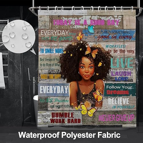 Miniatura 3 de Juego de cortinas de ducha para niña afroamericana, citas motivacionales, citas inspiradoras de mariposas, 4 piezas, cubierta de tapa de inodoro,