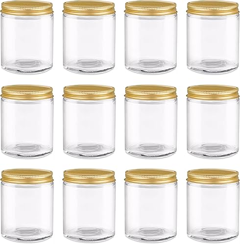 North Mountain Supply Tarros de conservas de vidrio transparente de 6 onzas, con tapas de metal dorado de 2.16 pulgadas, caja de 12