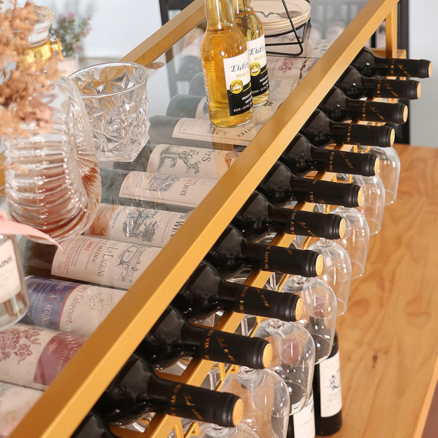 Industrial Hanging Wine Rack with Lights and Adjustable Glass Holder Shelf Ceiling Bar Wine Glass Rack with 2 Layer Bottle Holder Shelf