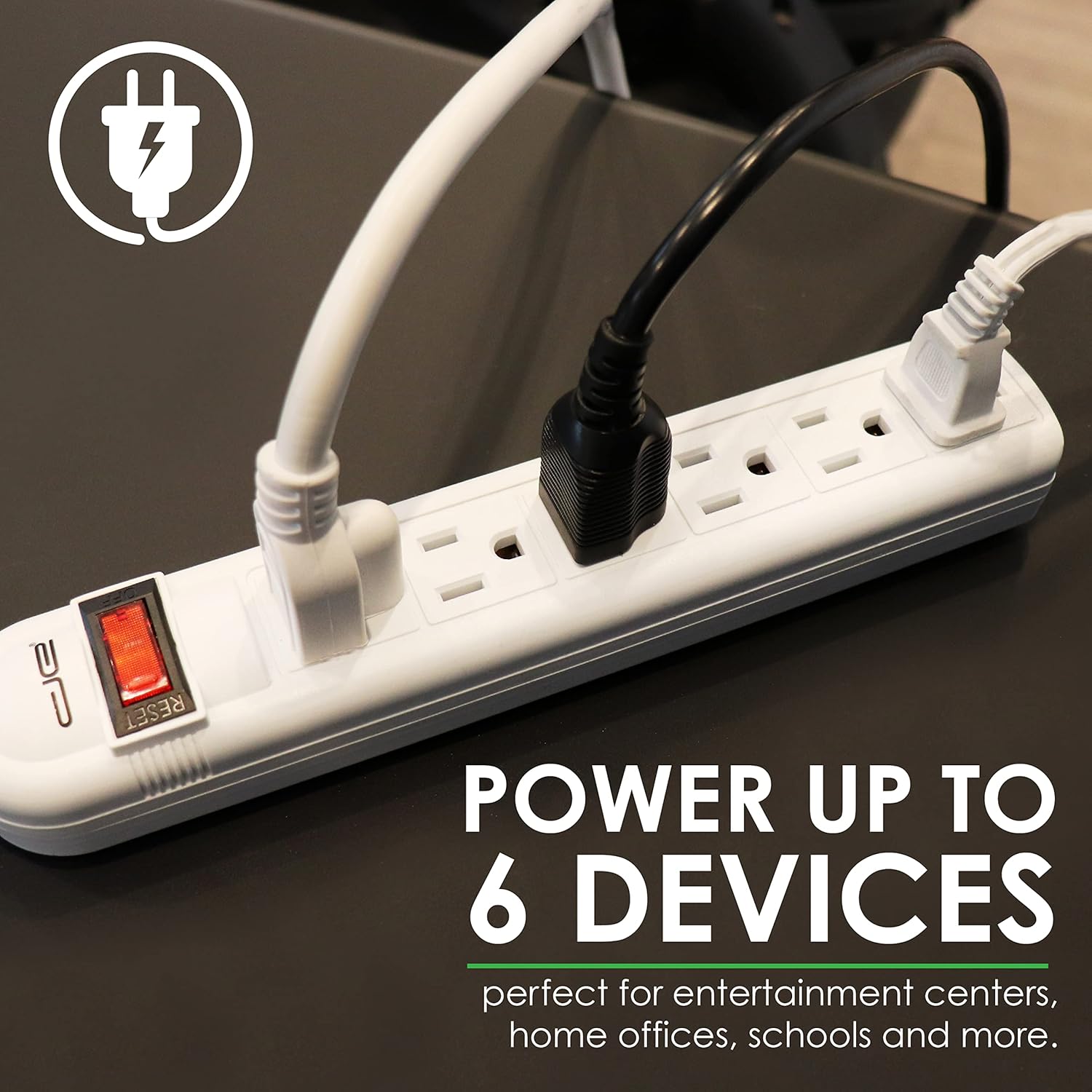 15 Ft 6 Outlet Surge Protector Power Strip: Multiple Electrical Outlet Safety Circuit Breaker has 15 Foot Long Extension Cord, Lighted On Off Switch, ETL Listed. Commercial, Business, Home, Office Use