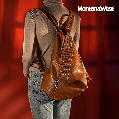 Miniatura 3 de Montana West Mochila para mujer, de cuero lavado suave, con cordón, casual, para viajes, grandes mochilas, **Mochila antirrobo marrón, Mochilas