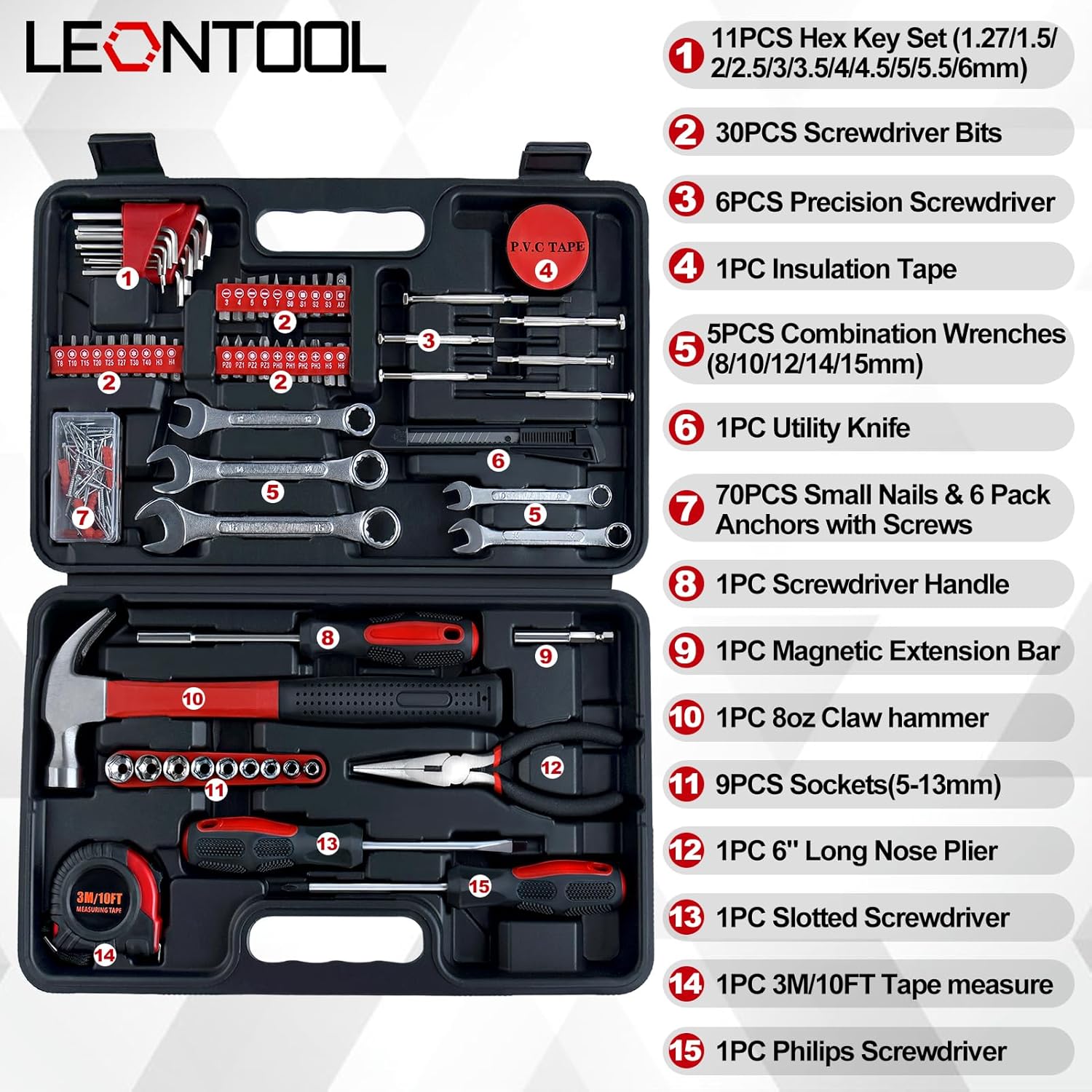 146 PCS Home Tool Kit with Hammer, Pliers, Wrenches, Measure Tape, Screwdrivers, Sockets, Small Household Hand Tool Kit with Plastic Toolbox for Home, Garage, Office and College Dormitory Use