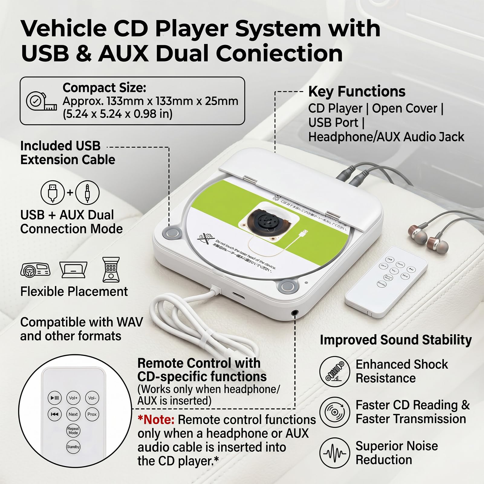 Bewinner Lettore CD Portatile per Auto Alimentato Tramite USB, Lettore Dischi Esterno per Auto con Ingresso AUX, Telecomando, Audio HiFi per Stereo del Veicolo, Laptop e Uso Domestico