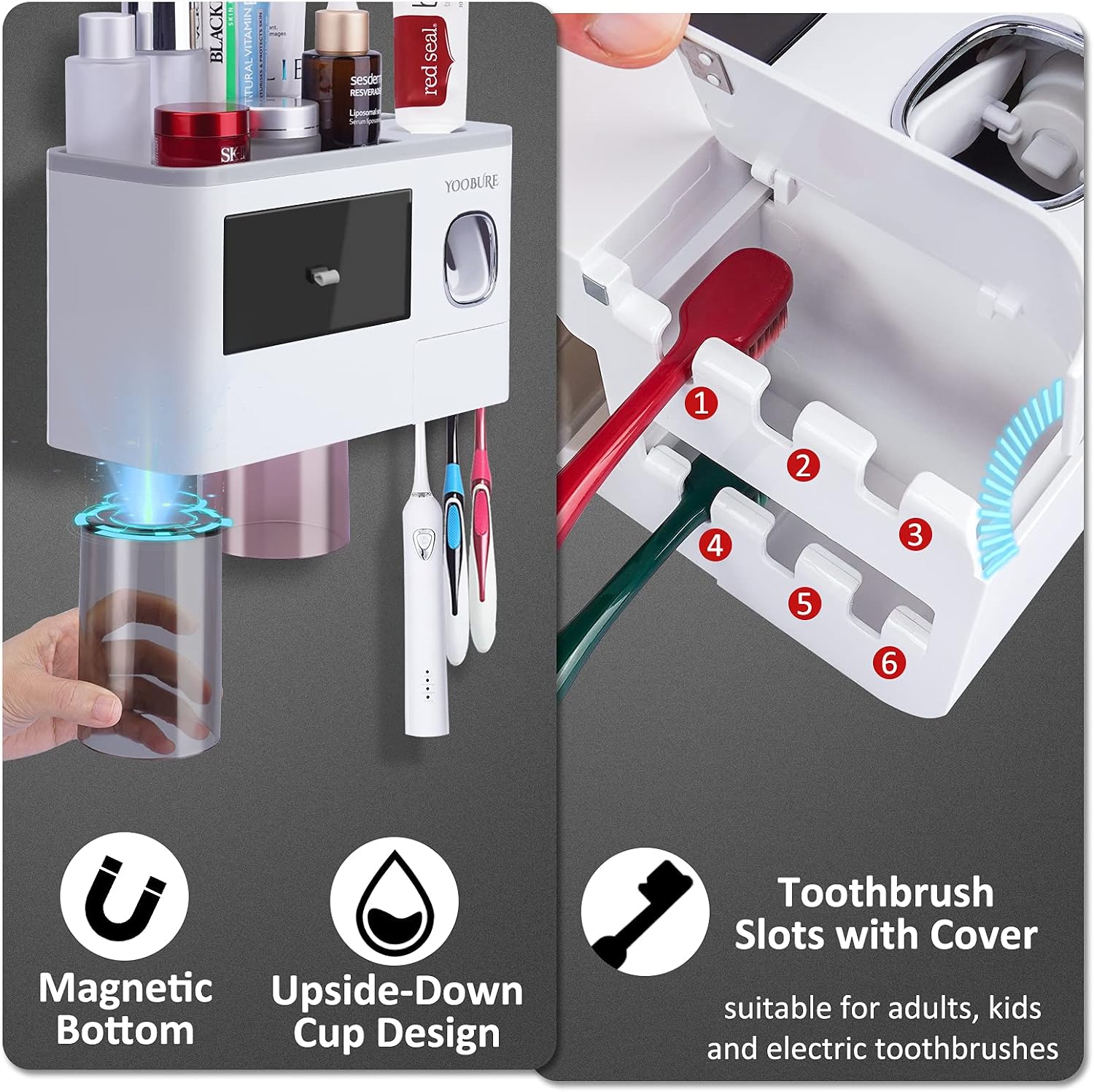 Toothbrush Holders Wall Mounted, Yoobure Automatic Toothpaste Dispenser Set for Bathrooms, Multifunctional Bathroom Organizer Holder with Cosmetic Drawer, 2 Magnetic Cups and 6 Toothbrush Slots