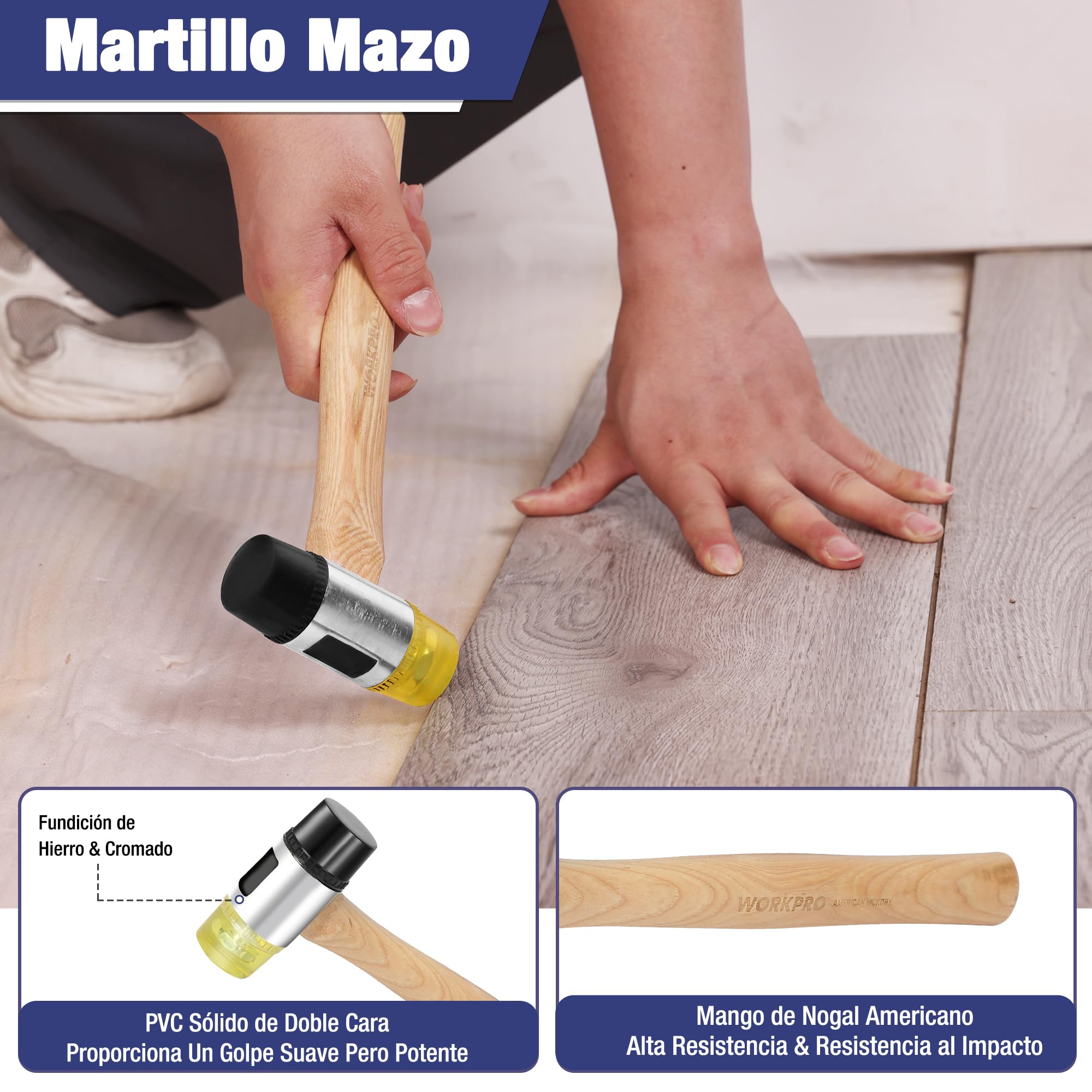 WORKPRO Herramientas para Suelos Laminados con 30 Separadores, Kit de Instalación de Suelo y Piso Laminado, Martillo de Doble Cara, Barra de Tracción y Taco de Impacto