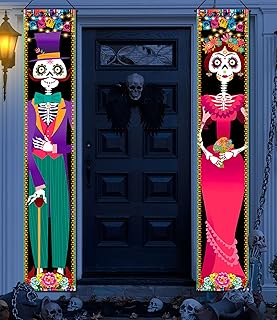 Day of The Dead Decorations, Day of The Dead Porch Sign Door Banner, Halloween Costume Mexico Dia De Los Muertos Party Supplies Decorations Flag Welcome Hanging Home Wall Decor Background