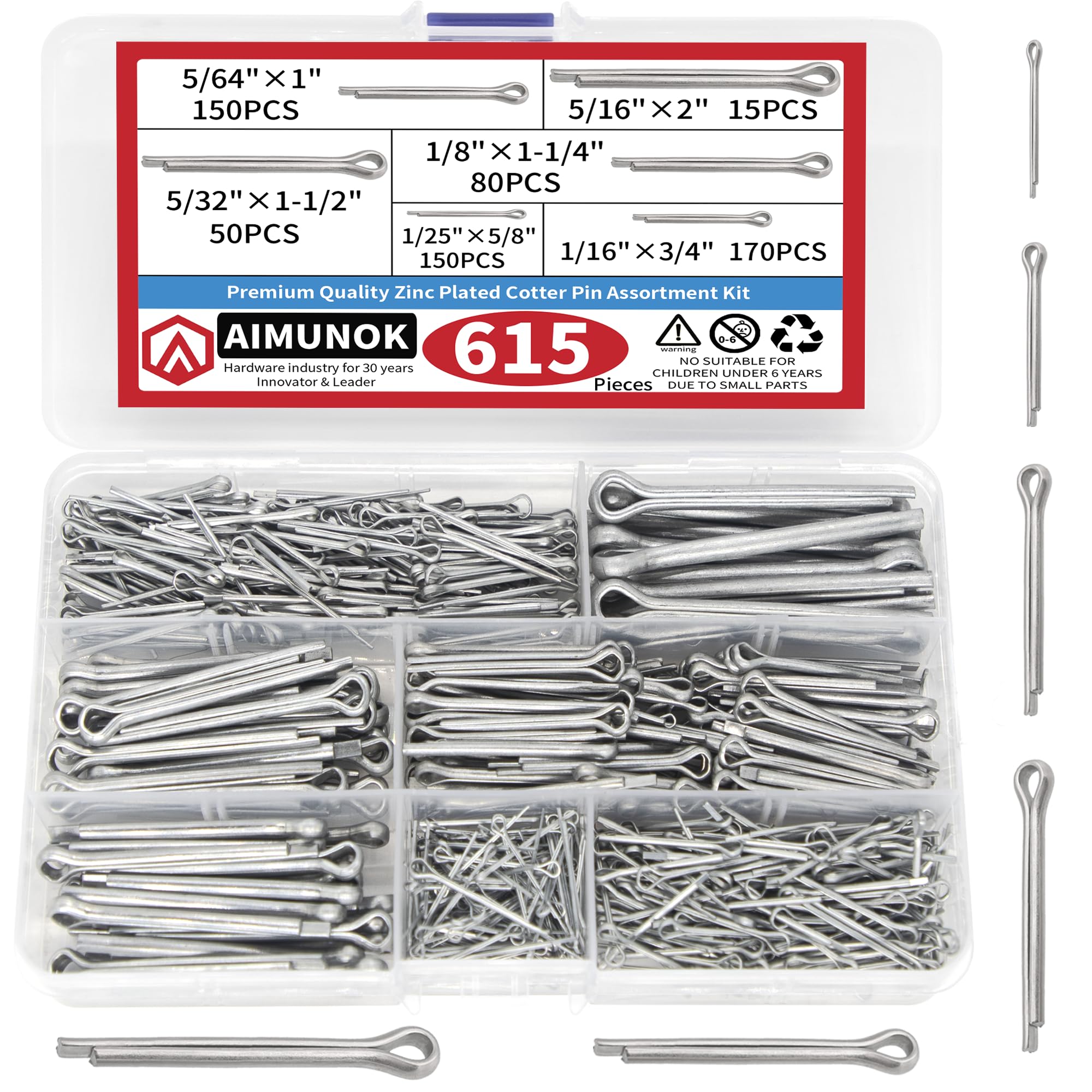 615Pcs Hairpin Cotter Pin Assortment Kit 6 Sizes Heavy Duty Zinc Plated Split Pin Clips Hitch Pin Clip Tractor ,Trucks, Engine Repair in Towing Hitch Clips