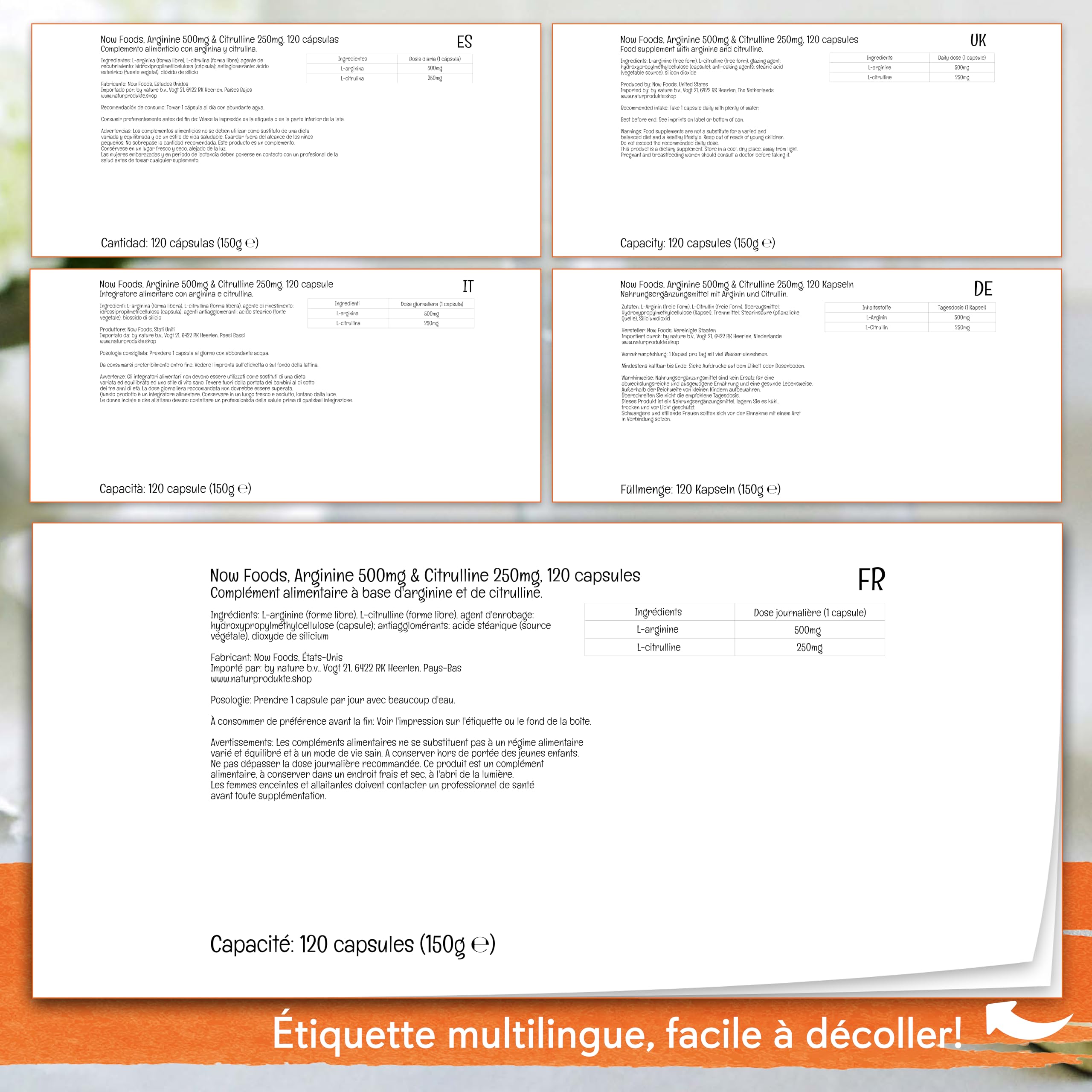 Now Foods L-Arginine & L-Citrulline, 500mg/250mg, 120 gélules végétaliennes, Acides Aminés, Végétarien, Sans Gluten, Sans Soja, Sans OGM