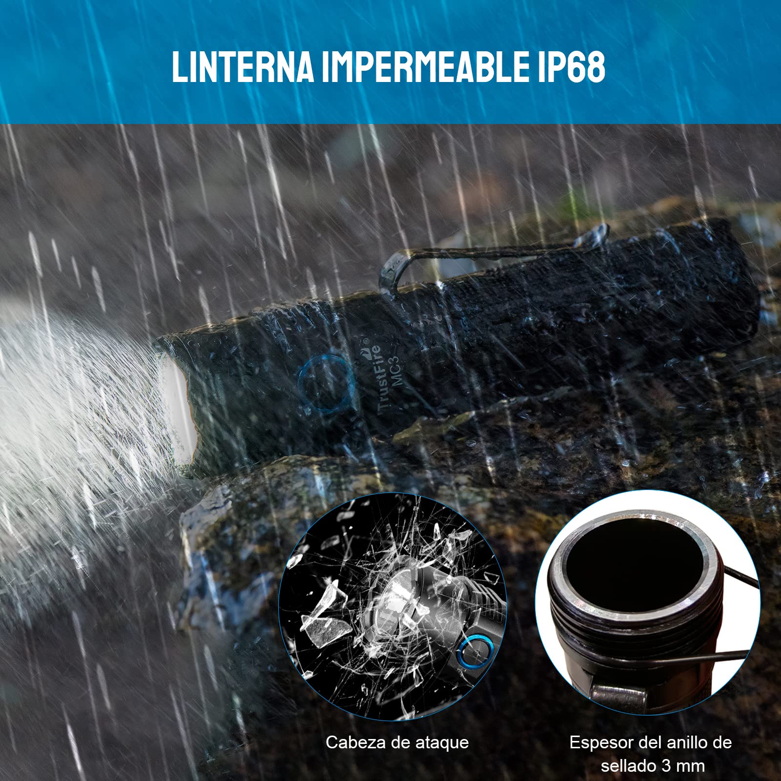 Linternas LED Alta Potencia 2500 lúmenes, TrustFire MC3 Linterna Táctica Militar Caza Profesional,LED XHP50, IP68 Impermeable, Linterna Imán Portátil Recargable para Emergencia Camping Senderismo