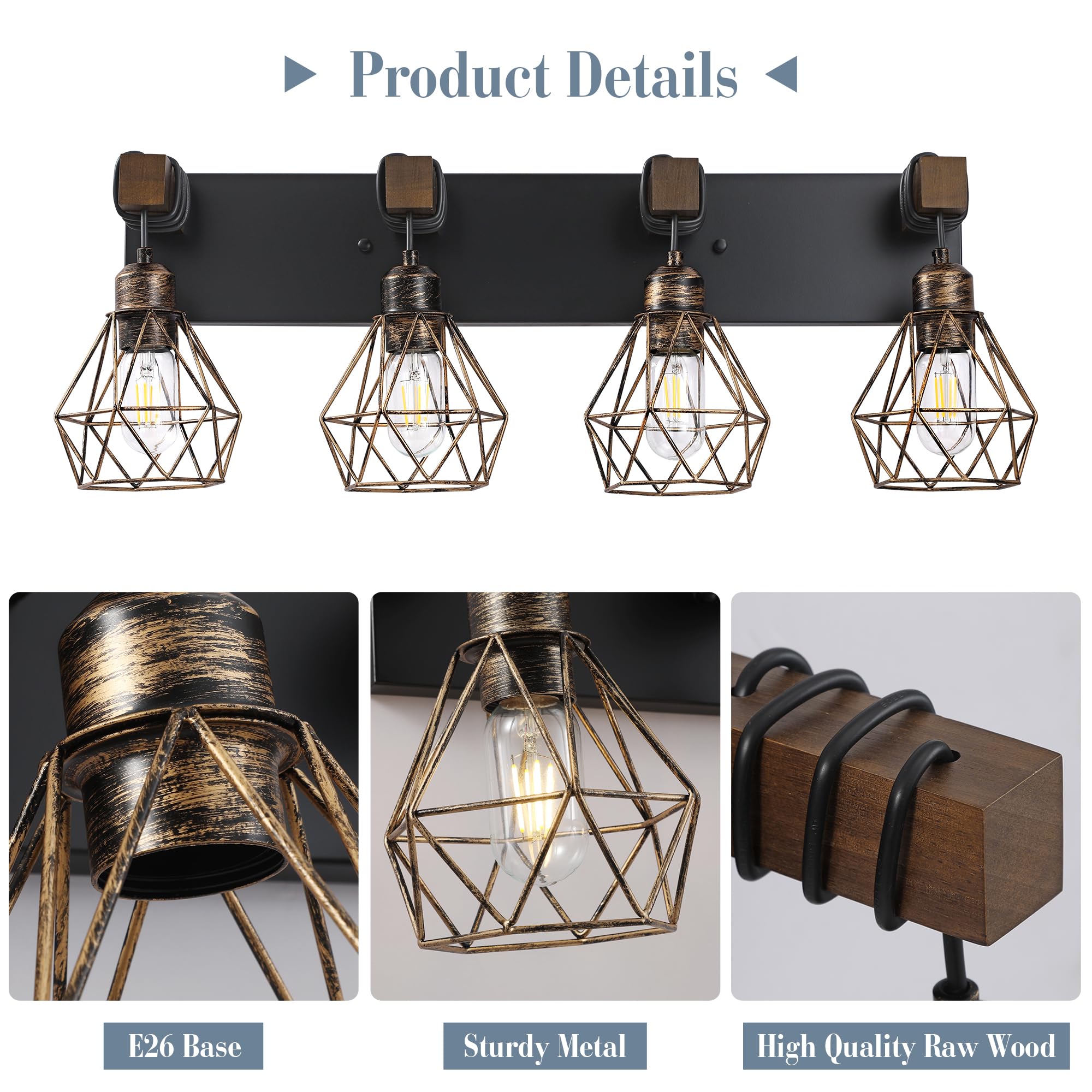 Farmhouse Badezimmer-Beleuchtung, 4 Leuchten für Badezimmer über Spiegel, rustikale schwarz-goldene Holz-Kosmetikleuchten mit Metallschirm für Wohnzimmer