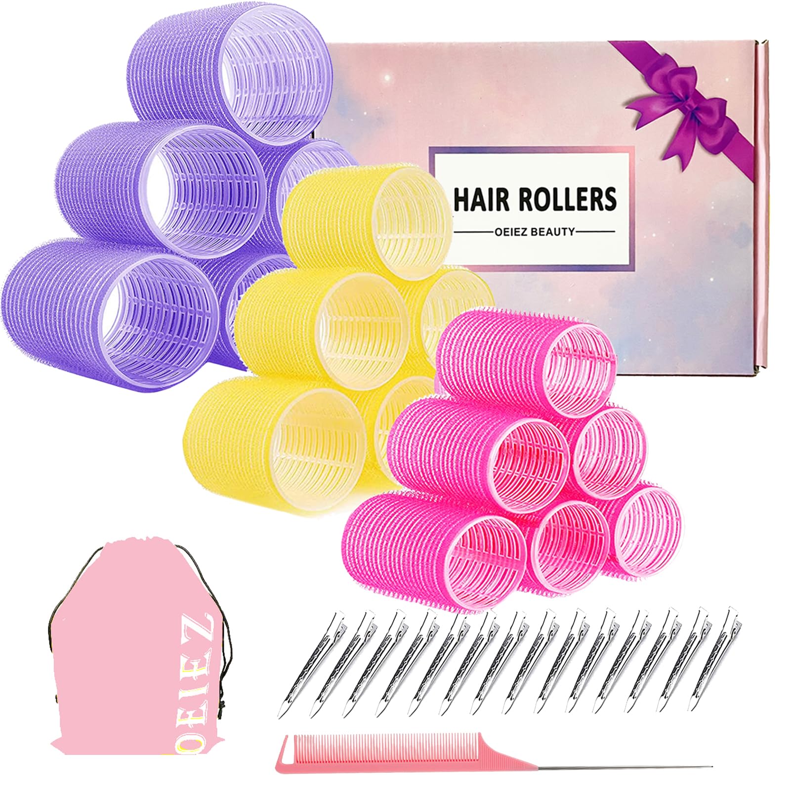 38Pcs Hair Rollers Set,Hair Rollers for Blowout Look, Self Sticky Hair Curlers, Jumbo Large Medium Sizes for Short Long Hair,with18 Rollers 18 Metal