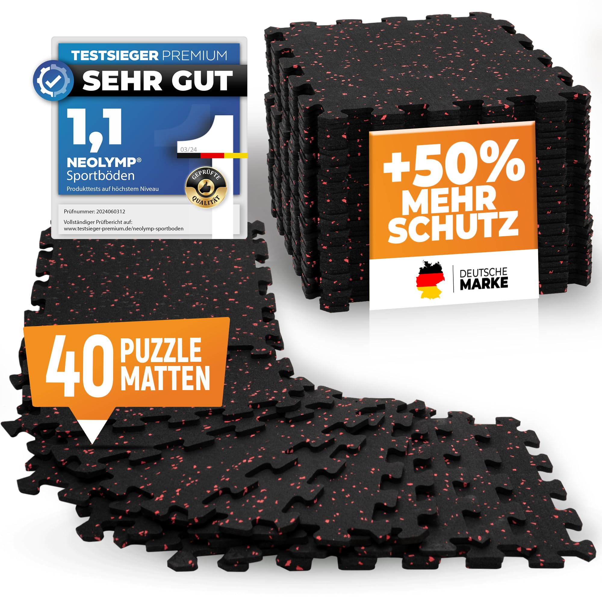 NEOLYMP Bodenschutzmatte Fitness aus Kautschuk – Puzzlematte für Home Gym, Fitnessgeräte & Sport – rutschfeste Gymnastik- & Sportmatte - 40 Stück
