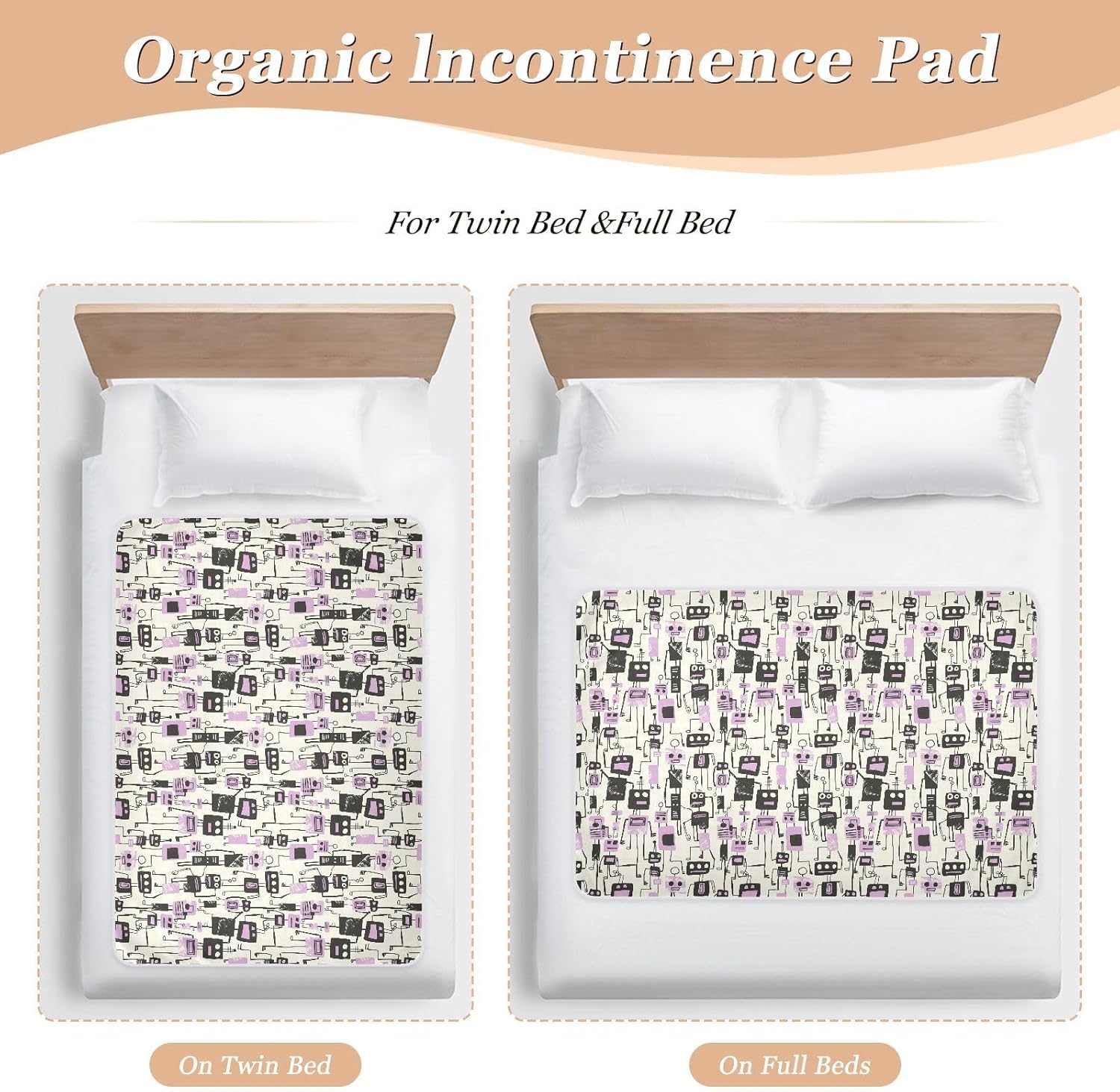 Jon Klassen Style Robots Design Purple Extra Large Resuable Training Pee Pads for Kids Highly Absorbent Crib Pee Mattress Pad Skin-Friendly Cradle Mattress for Toddler Kids , 52" L x 34" W