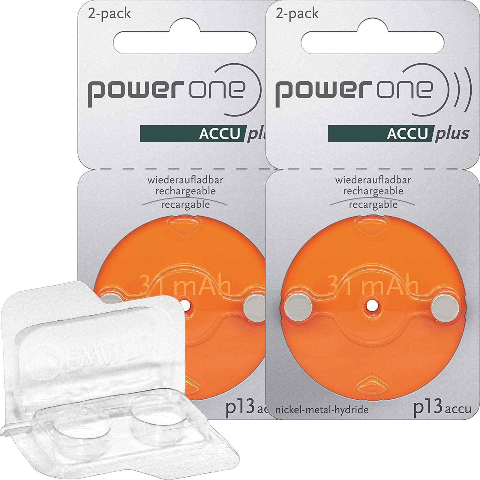 4 batterie per apparecchi acustici PowerOne accu Orange 13 (2 blister) + scatola portaoggetti EWANTO per due batterie