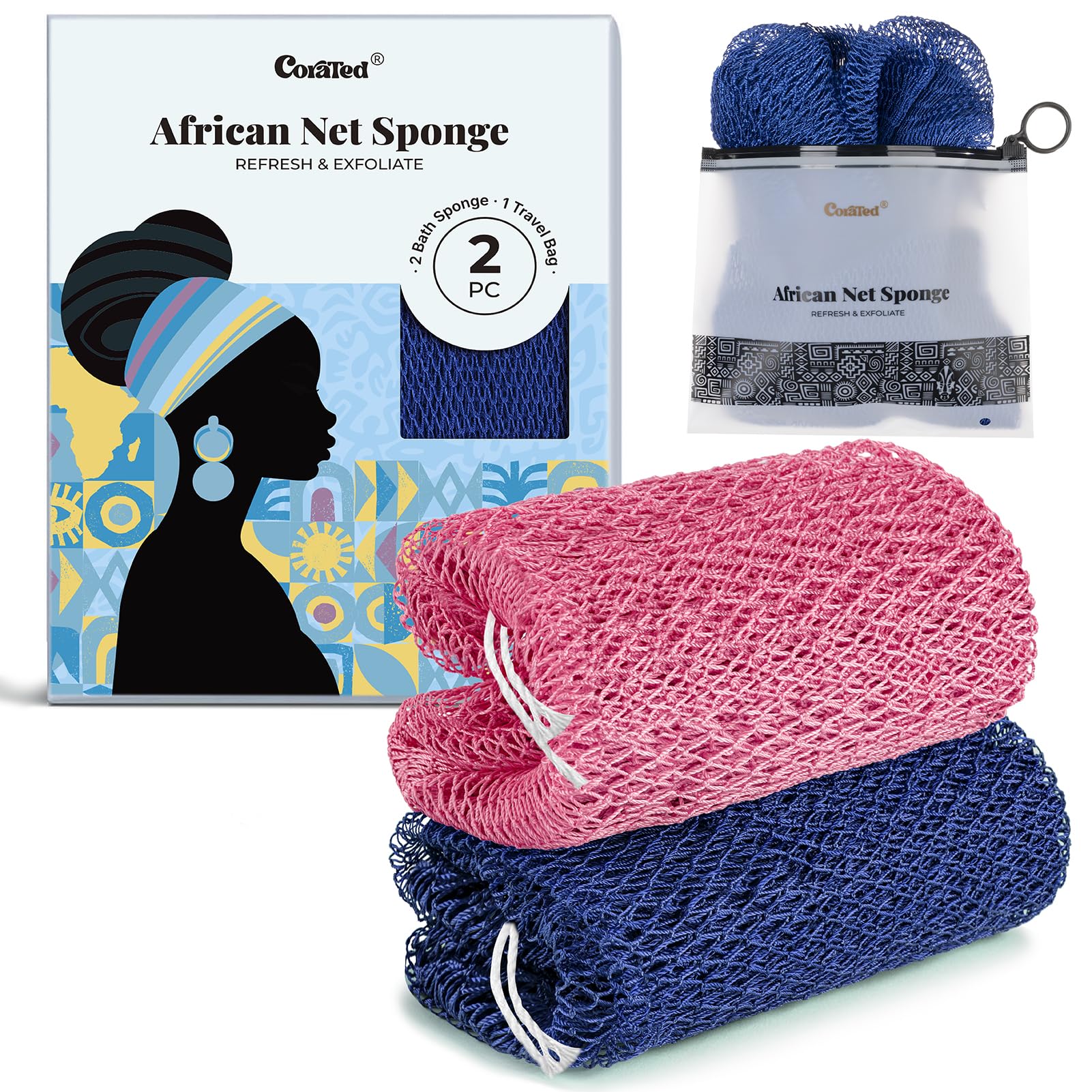 CORATED African Net Sponge Authentic, Shower Loofah Exfoliating Bath Sponge | Body Scrubber for Women and Men Daily Use Body Care, Travel Portable, Durable Bath Accessories Spa Gifts Pink & Blue