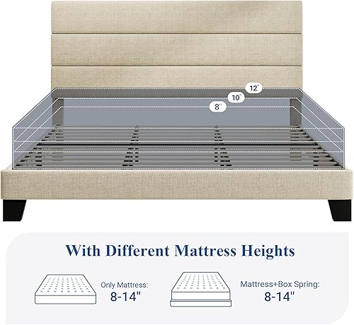 Miniatura 7 de Allewie Base de cama de plataforma tamaño King con cabecera tapizada de tela y soporte de listones de madera, base de colchón totalmente tapizada,