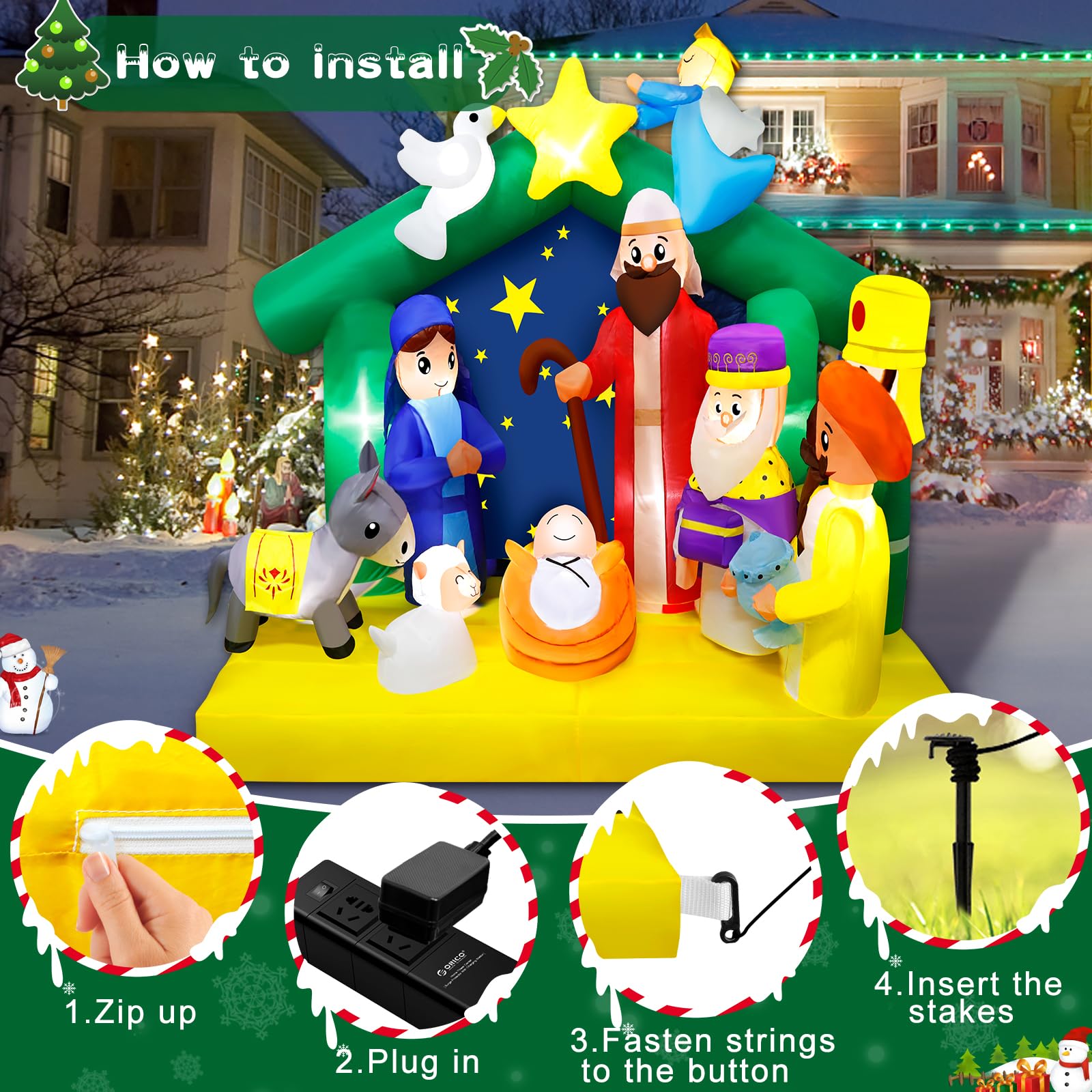 Presepe gonfiabile di Natale da 2 m, decorazioni per esterni, scena della nascita di Gesù, esplosioni di Natale, luci LED integrate, decorazioni natalizie gonfiabili