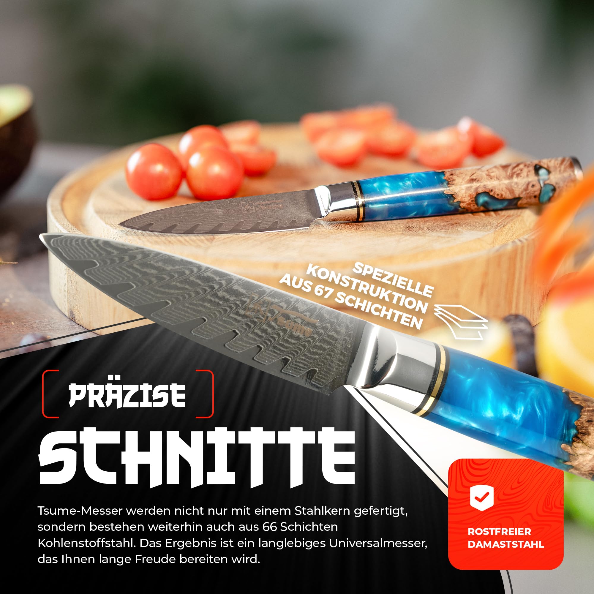 Tsume Schälmesser Saphir, Klingenlänge 9cm, Echtes Damast Küchenmesser, 67 Schichten VG10 Edelstahlkern mit blauem und weißen Kunstharz und Holz Handgriff, Rasiermesserscharf