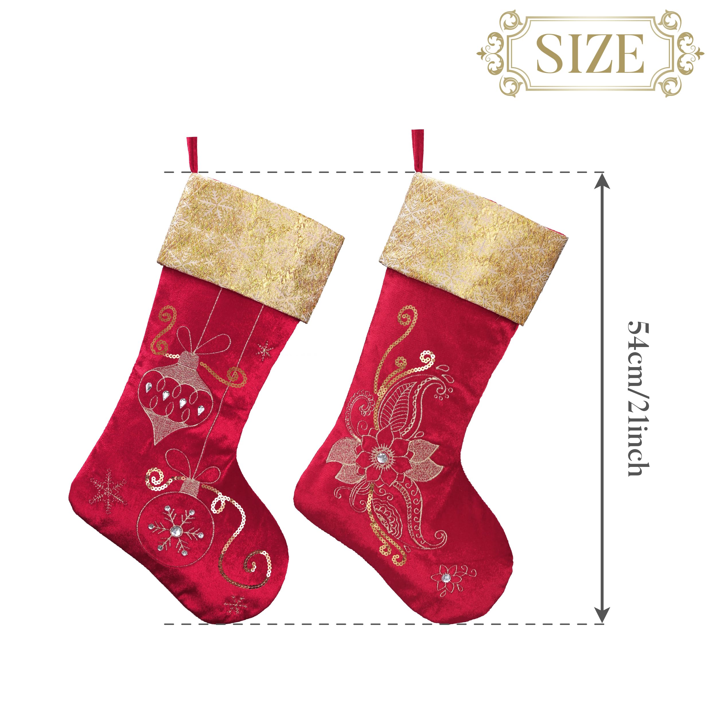 Valery Madelyn Lot de 2 chaussettes de Noël pour cadeaux et décorations de Noël, tissu de 53,3 cm, fleurs rouges et dorées brodées en peluche, ornement personnalisé à suspendre pour cheminée
