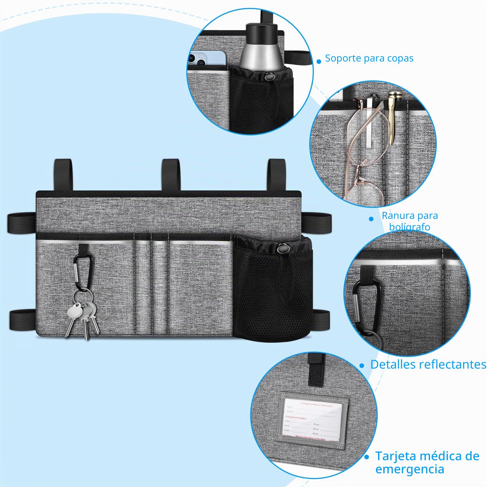 FINPAC Bolsa Andador con Portavasos, Grande Bolsa de Asas para Accesorio de Silla de Ruedas, Plegable Manos libres Organizador Walker Tote Bag para Ancianos, Senior,