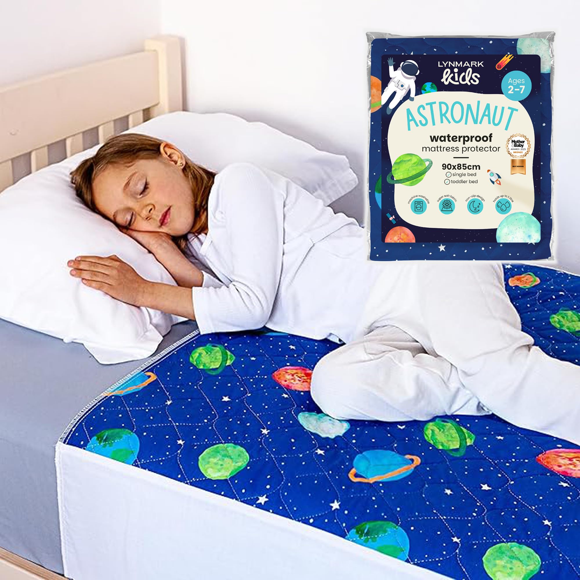 Lynmark Galaxy Toddler Potty Training Bed Pad With Tucks - Soft Waterproof Bedwetting Pee Protector Mat For Kids - Multi-Layer Non-Slip Washable Incontinence Mattress Sheet Absorbs Up To - 90X 85Cm, Astronaut 2000Ml