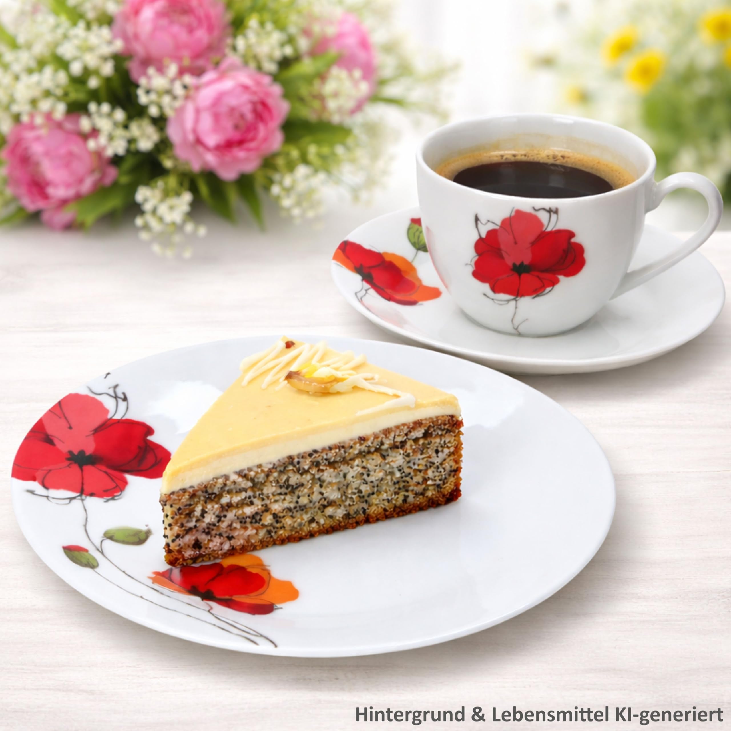 MamboCat Mona Service à café 18 pièces - En porcelaine florale avec décor coquelicot en blanc et rouge - Pour 6 personnes - 6 tasses à café de 160 ml - Soucoupes et assiettes à gâteau pour
