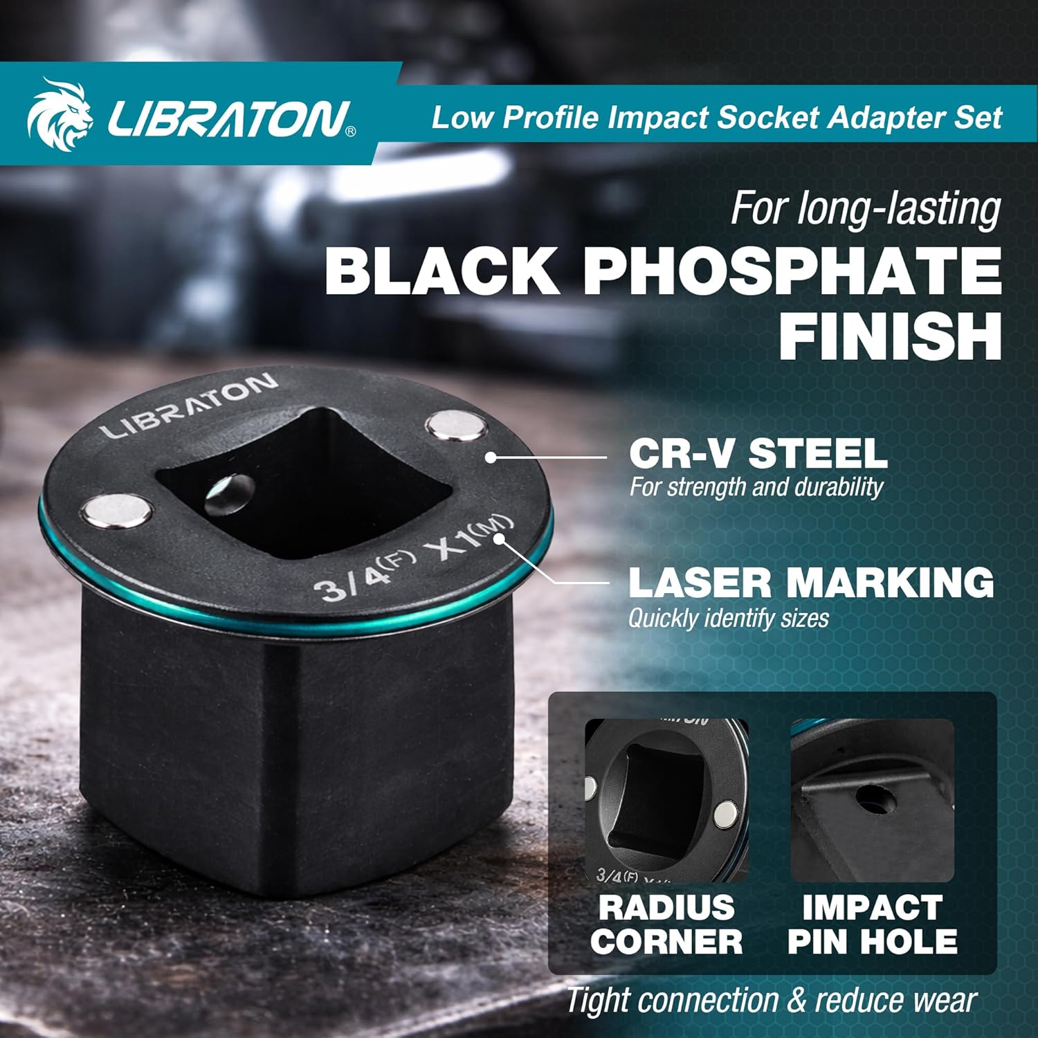 LIBRATON Low Profile Impact Socket Adapter Set, 5pc Magnetic Drive Converter Kit for Tight Space (1/4" to 3/8", 3/8" to 1/2", 1/2" to 3/4", 3/4" to 1", & 1/4" Hex Adapter) for Impact Wrench and Drill