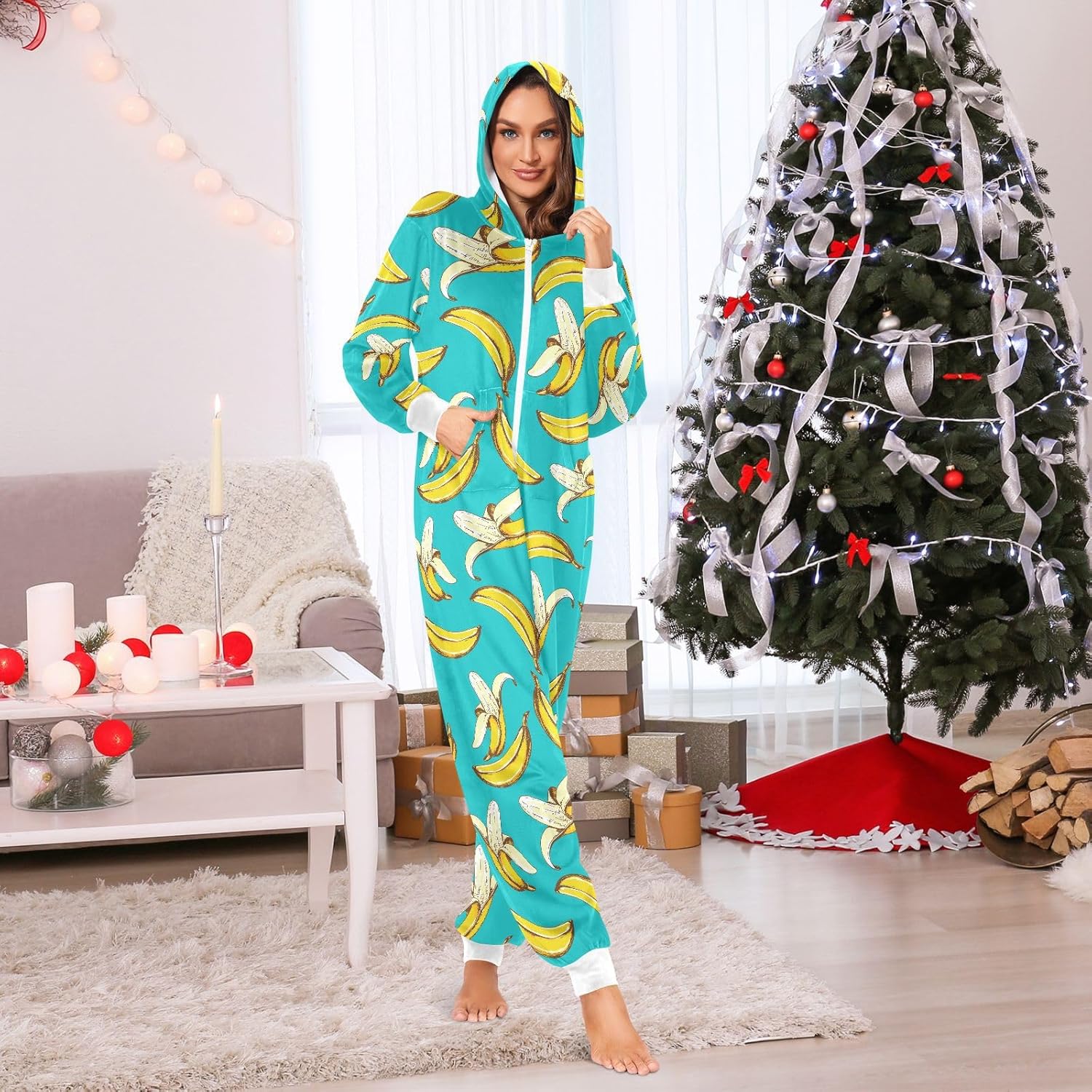 ZZXXB Bee Squirrel Onesie Pajamas for Adult Women Men Long Sleeves One Piece Onesies Zip Up Hooded Sleepwear S - XL - Image 3