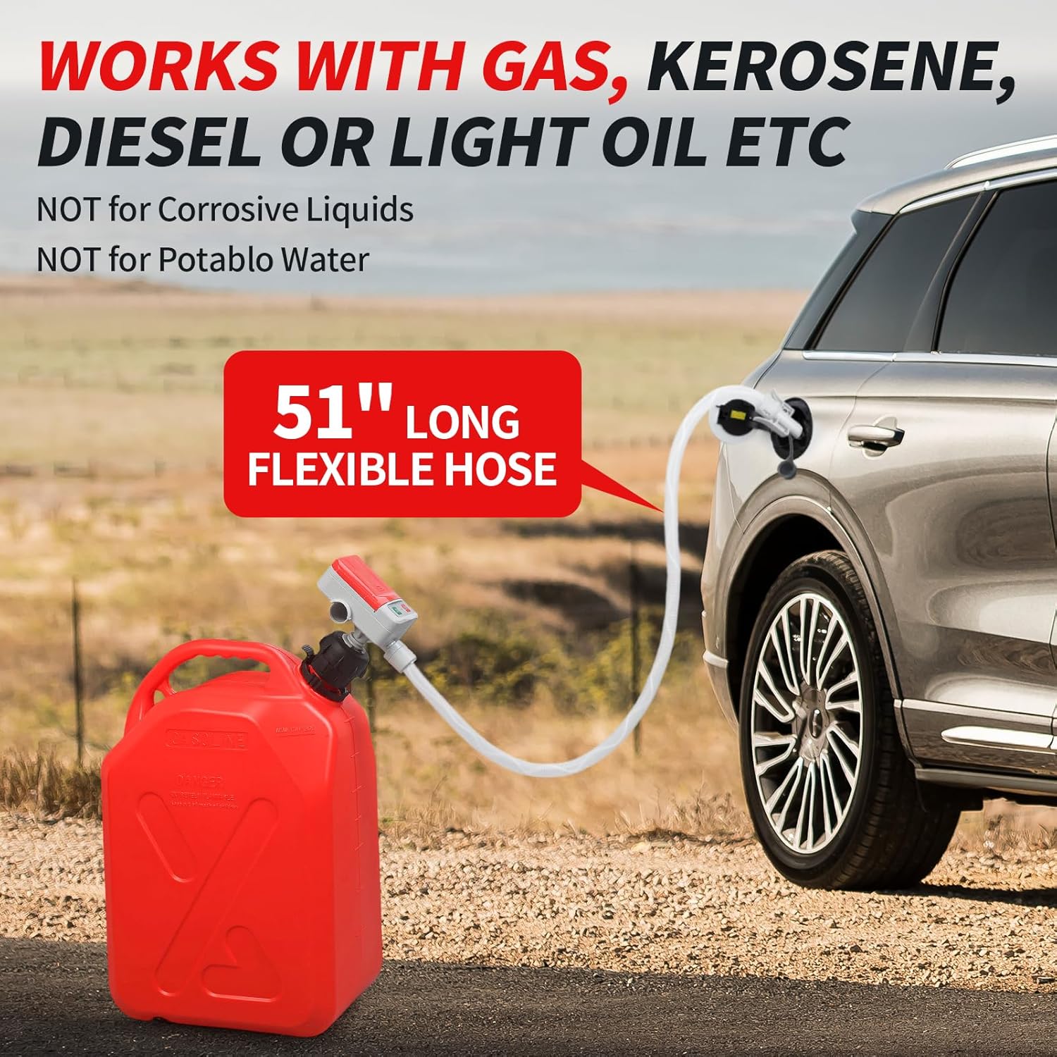 Wontolf Cordless Fuel Transfer Pump Battery Powered with Auto-Stop, Electric Fuel Pump with Storage Bag, Portable Gas Can Pump, Gasoline Gas Oil Transfer Pump, 3.2GPM & 51" Hose & 4 Adapters