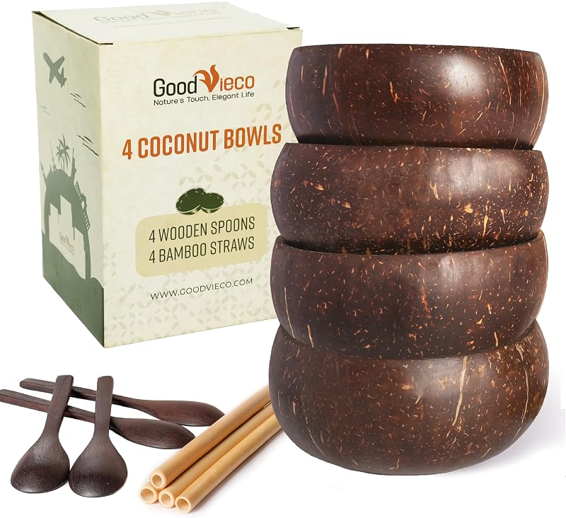 Juego de cuencos de coco (4, pulidos) – Cuencos de cáscara de coco natural con pajitas de bambú y cucharas de madera – Regalos ecológicos para veganos, batidos, acai, buda, yogur y comidas sostenibles