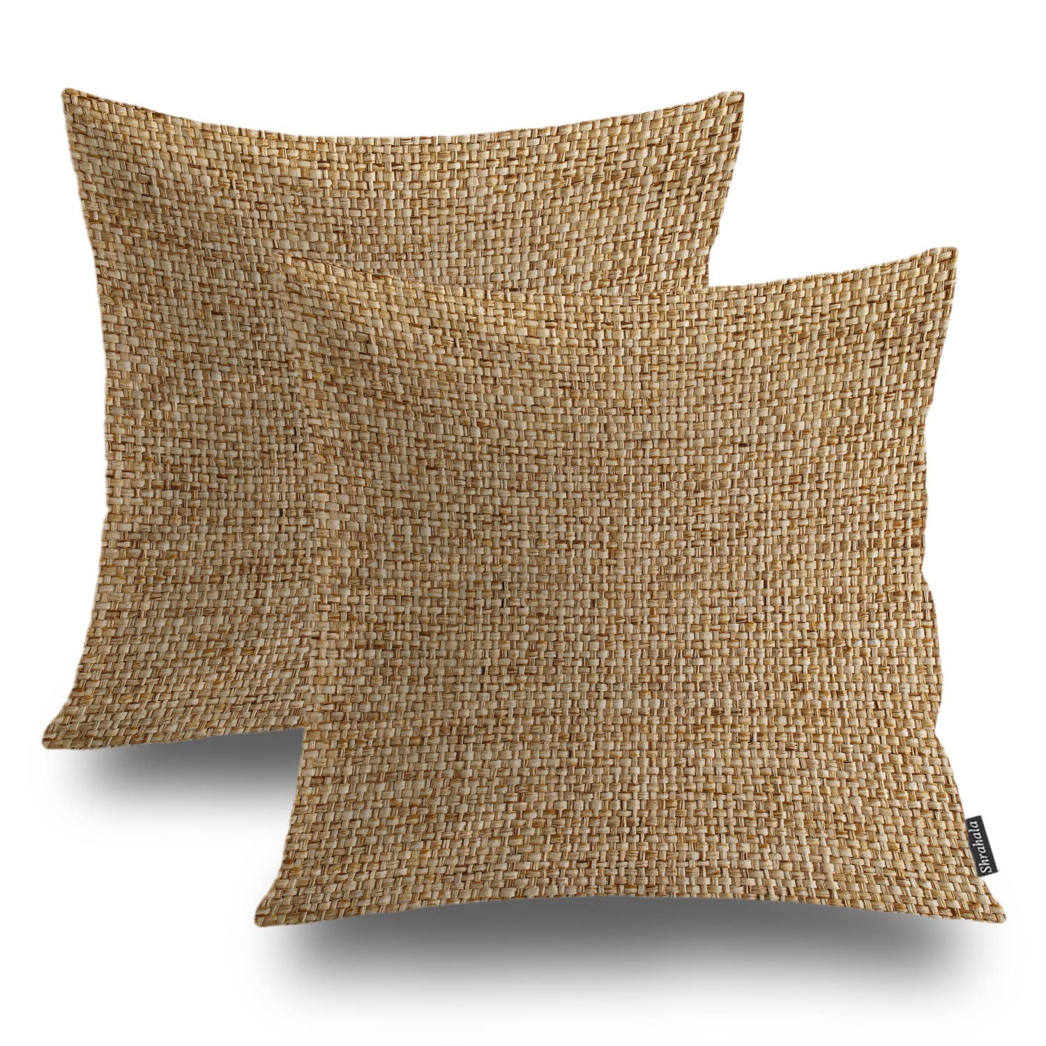 Shrahala Imitation Yellow Linen Texture Jute Pattern Decorative Throw Pillow Cover, Jute Woven Texture Square Pillowcase Blended Double-Sided No Inserts for Bedroom Living Room Set of 2 (16 x 16 in)