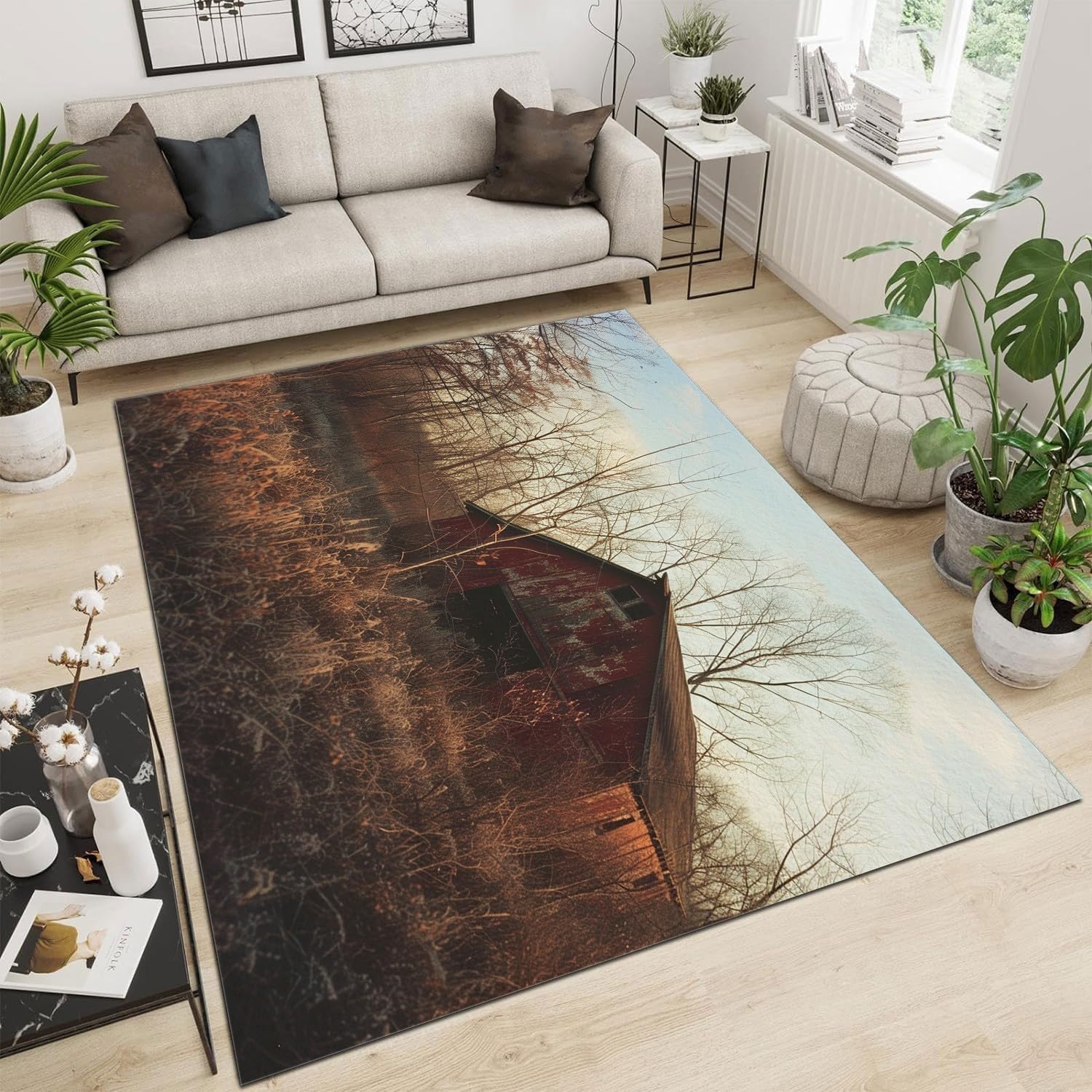 Soft Rugs for Bedroom 2x3 Red Barn in Woods Area Rug for Living Room Kids Room Nursery, Non Slip Low Pile Rug Floor Carpet Printed Area Rug