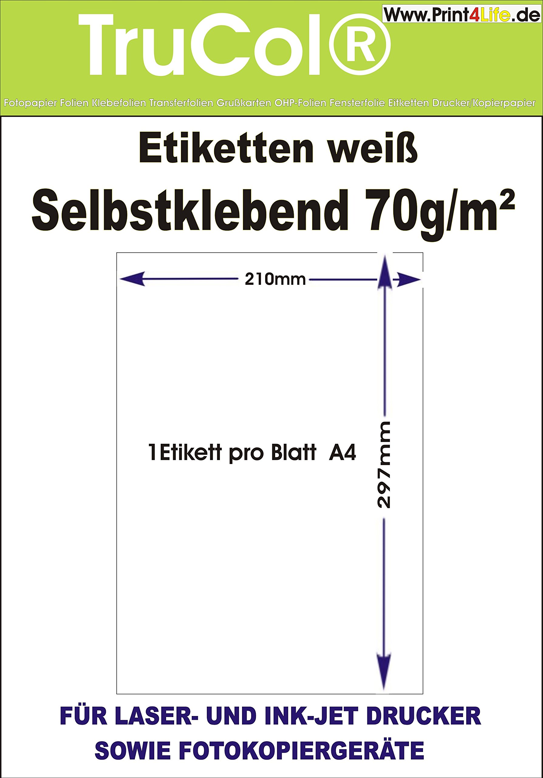 1000 Etiketten 210x297,1000 Blatt DIN A4 vollflächig selbstklebend weiß für Inkjetdrucker und Laserdrucker