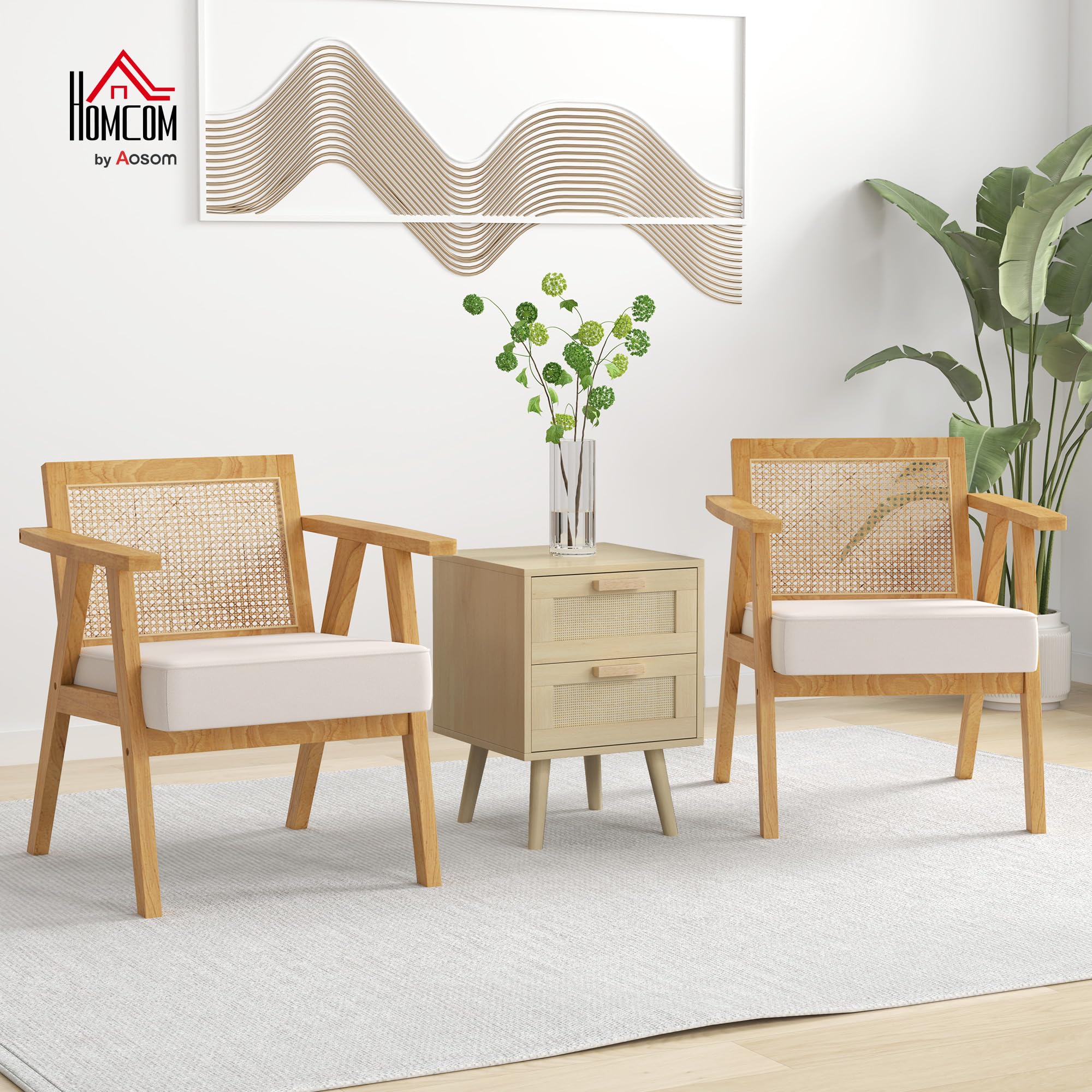 HOMCOM Butaca de Salón con Reposabrazos Sillón con Respaldo de Ratán y Marco de Madera de Caucho Butaca para Dormitorio Salón Carga 120 kg Natural y Beige