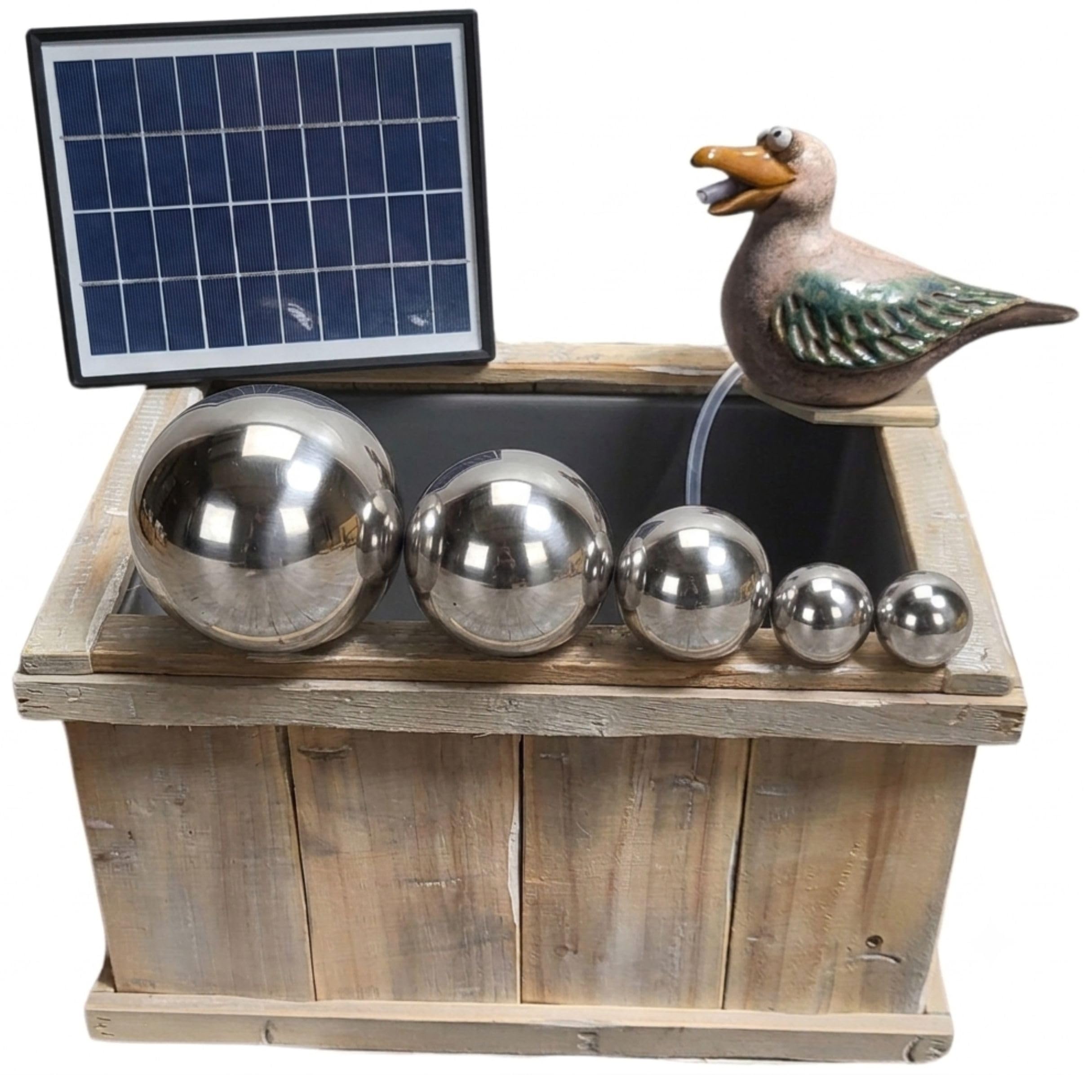Storm's Gartenzaubereien Miniteich Komplettset - Wasserspeier Möwe - Solarpumpe mit Akku -Laufzeit ohne Sonne 4-5 Stunden - Inklusive Schwimmkugeln