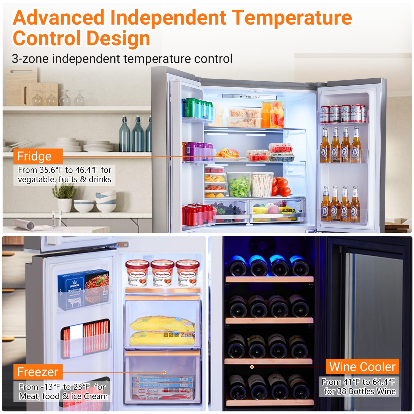 21 Cu.Ft Side By Side Refrigerator with Touch Control & Led, Swing Double Door Fridge with Adjustable Glass Shelves, Freezer and Crisper Drawers on Fridge.com