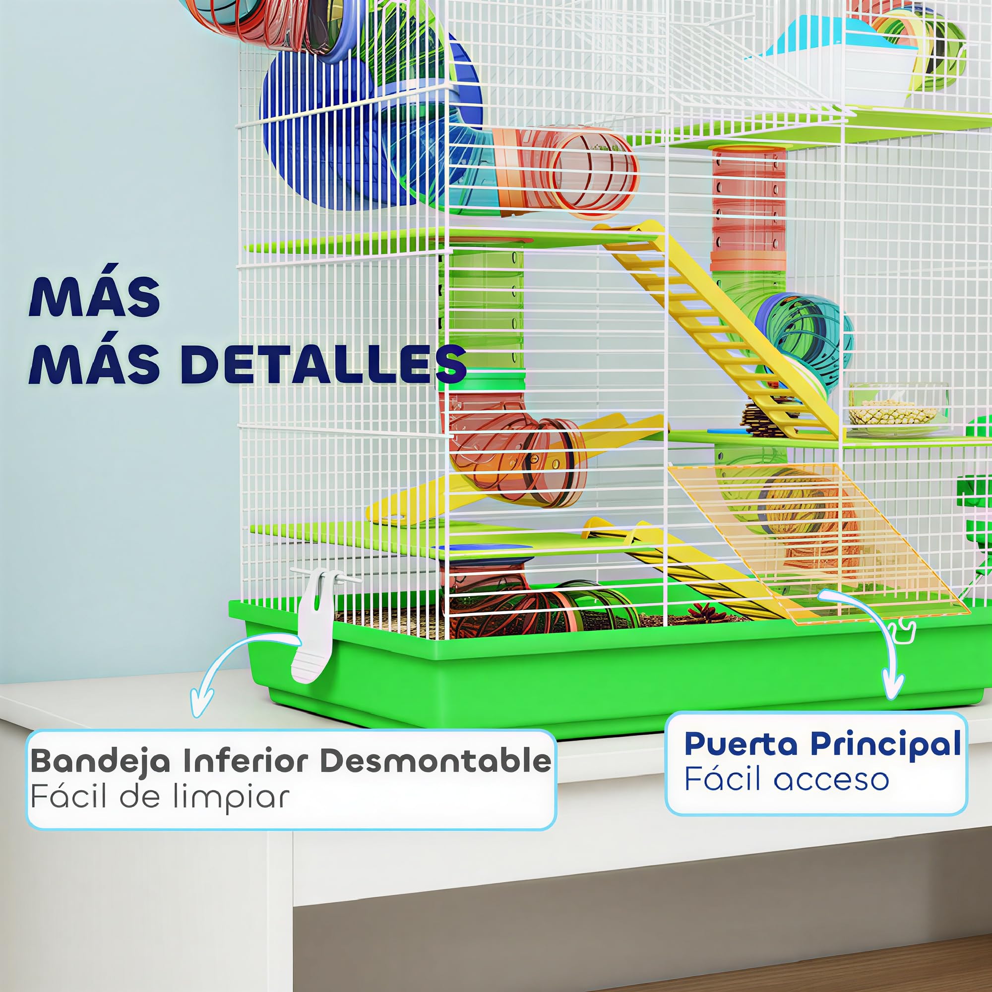 PawHut Jaula para Hámster de 5 Niveles, 47x30x59 cm, Casa para Animales Pequeños con Túnel, Comedero, Bebedero, Casita, Rueda de Ejercicio, Escaleras, para Ratas y Jerbos, Verde