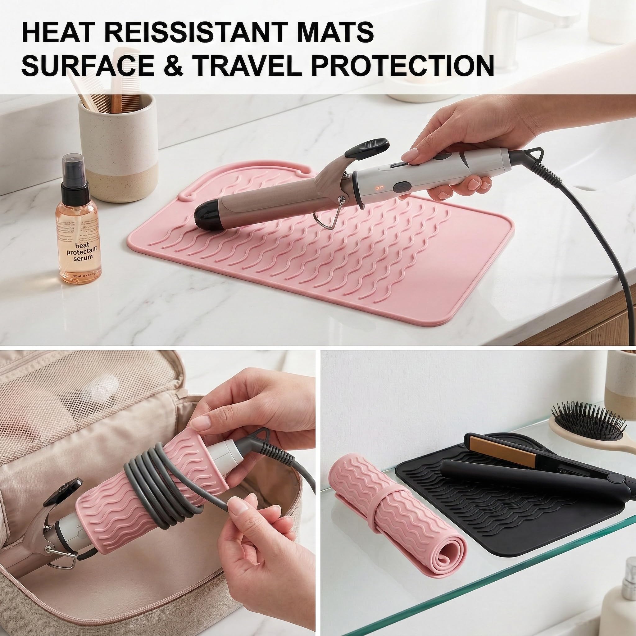 Tappetino termoresistente in silicone 2 pezzi nero e rosa 23x16cm per piastra capelli e ferro arricciacapelli resistente fino a 230°C antiscivolo facile da pulire per casa e salone