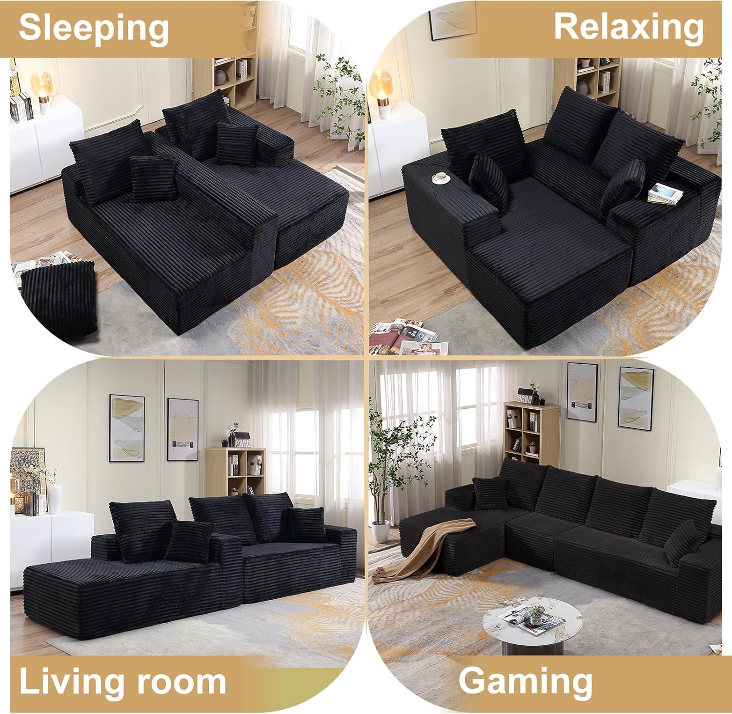 135.4" L-Shaped Cloud Couch with Pillows, Modular Sectional Sofa with Chaise, Comfy Corduroy 3-Seater Sofa with Deep-Seat for Living Room, No Assembly Required (Black, Left-Facing Chaise)