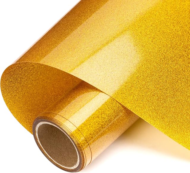 HTVRONT Gold Glitter HTV - 10'' X 10ft Golden Glitter Iron on Vinyl for Silhouette Cameo Glitter Heat Transfer Vinyl for Fabric and T-Shirt