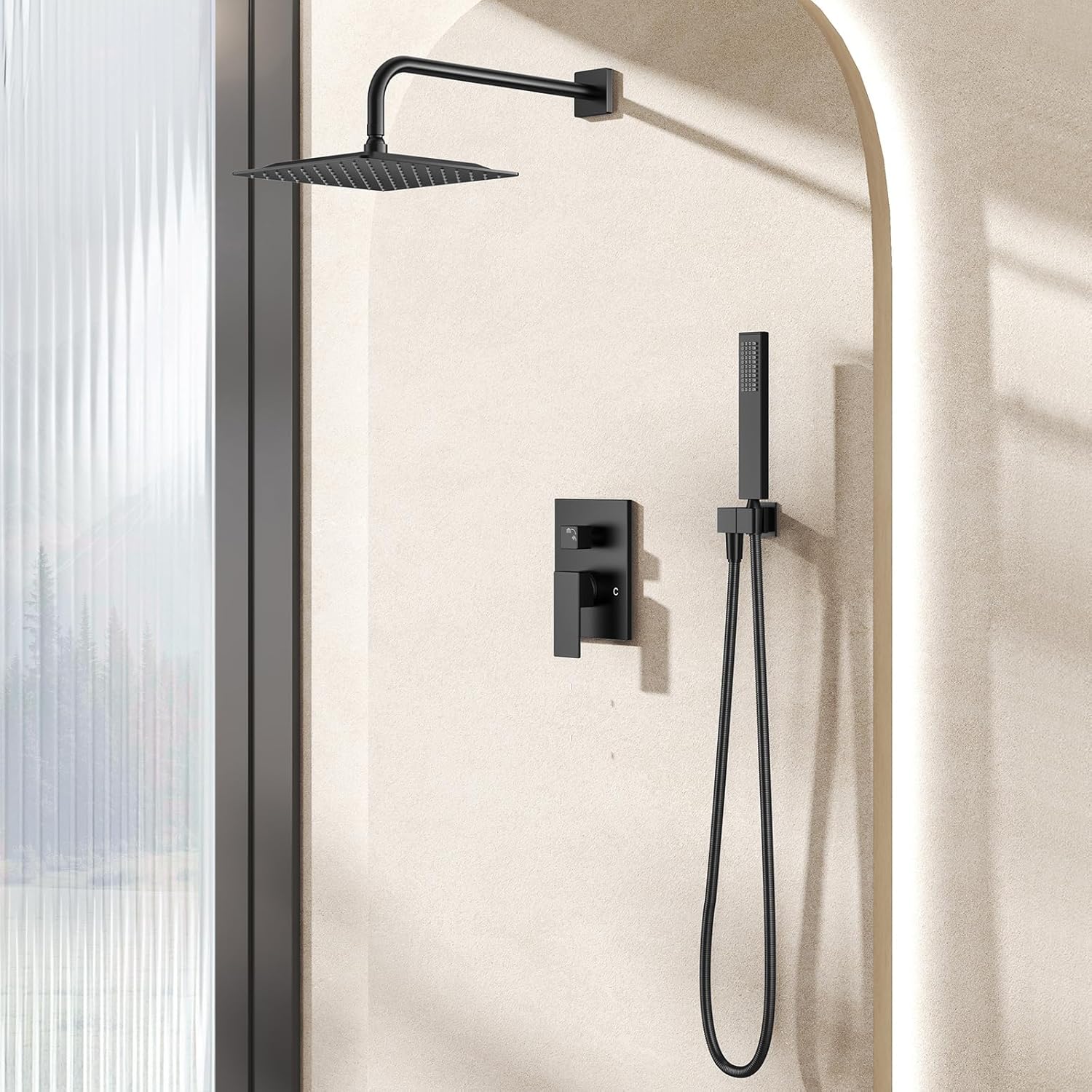 Rain Shower System Faucet Set, Rainfall Brushed Nickel Shower Head and Handle Set, Valve Trim Kit, 10 Inch Rain Shower Head (Matte Black)