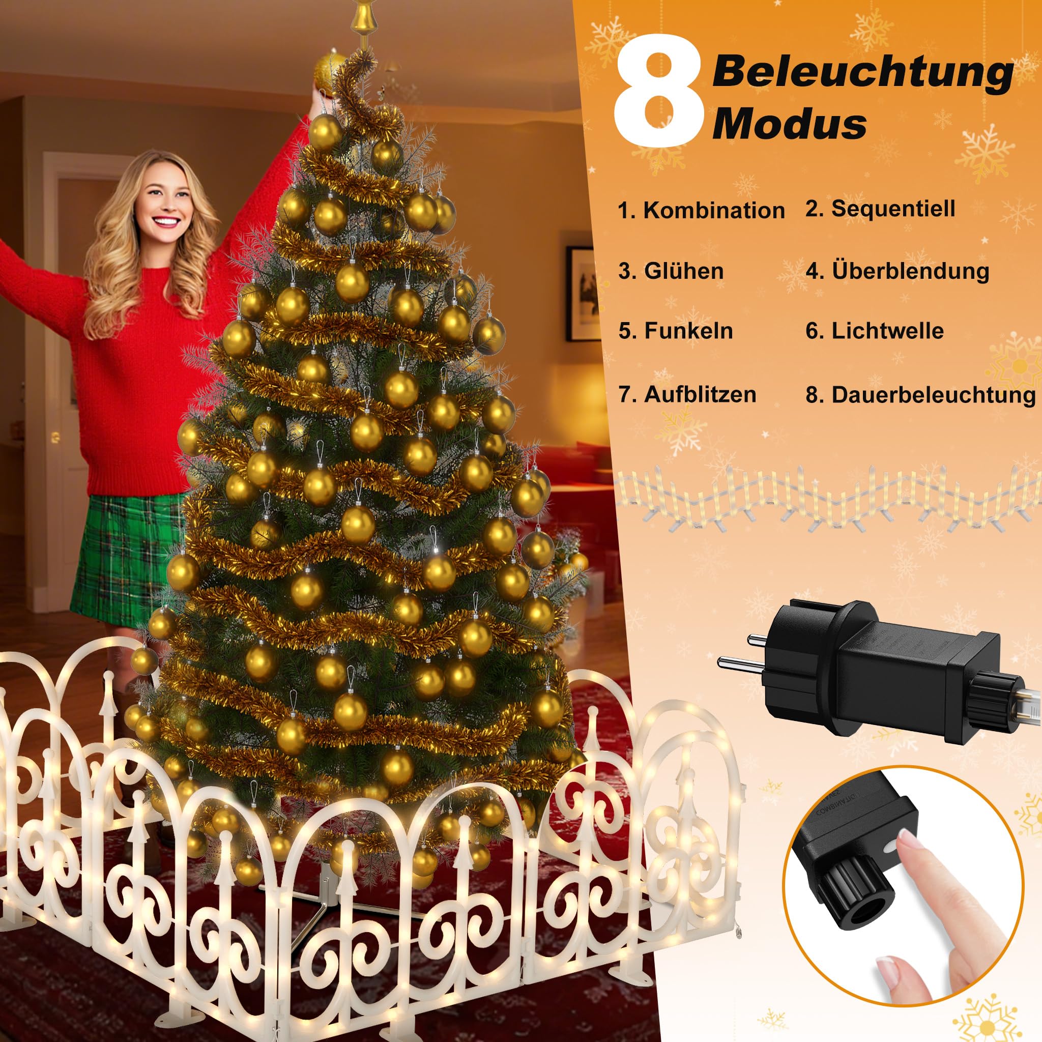 YRHome Płot pod choinkę LED, łukowaty, 3,75 m, 10 sztuk, ogrodzenie z tworzywa sztucznego, płot choinkowy, ciepła biel, dekoracja bożonarodzeniowa, lampa, 8 trybów, wodoszczelność IP44, dla zwierząt