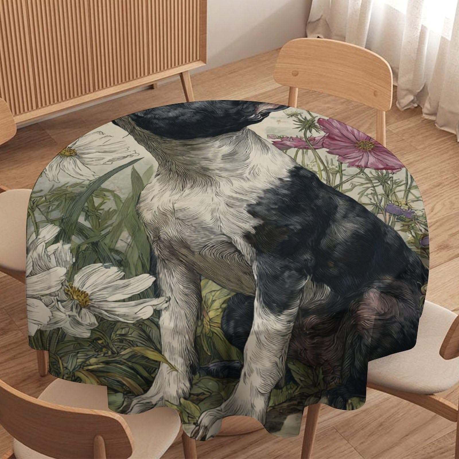 LUYYSKY Fantasy Watercolor Cute Dog Waterproof Round Tablecloth Retro Classic Spring Flowers Animal Puppies Butterflies Washable Table Cover for Kitchen-91.4" Wx91.4 L cm