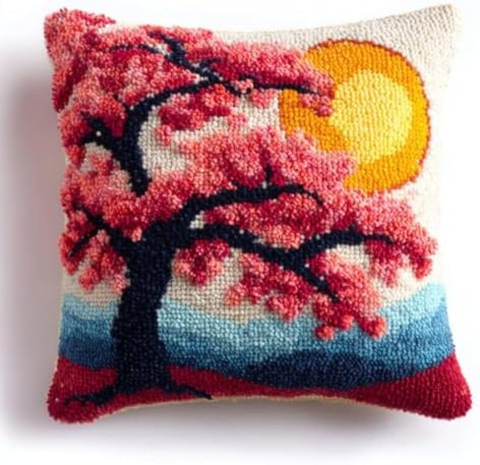 kitphoenix DIY Latch Hook Cushion Kit for Adults,Cherry Blossom Tree and Moon,Handmade Cushion Cover Craft Set,Creative Gift for Women with Yarn and Hook,43x43 cm