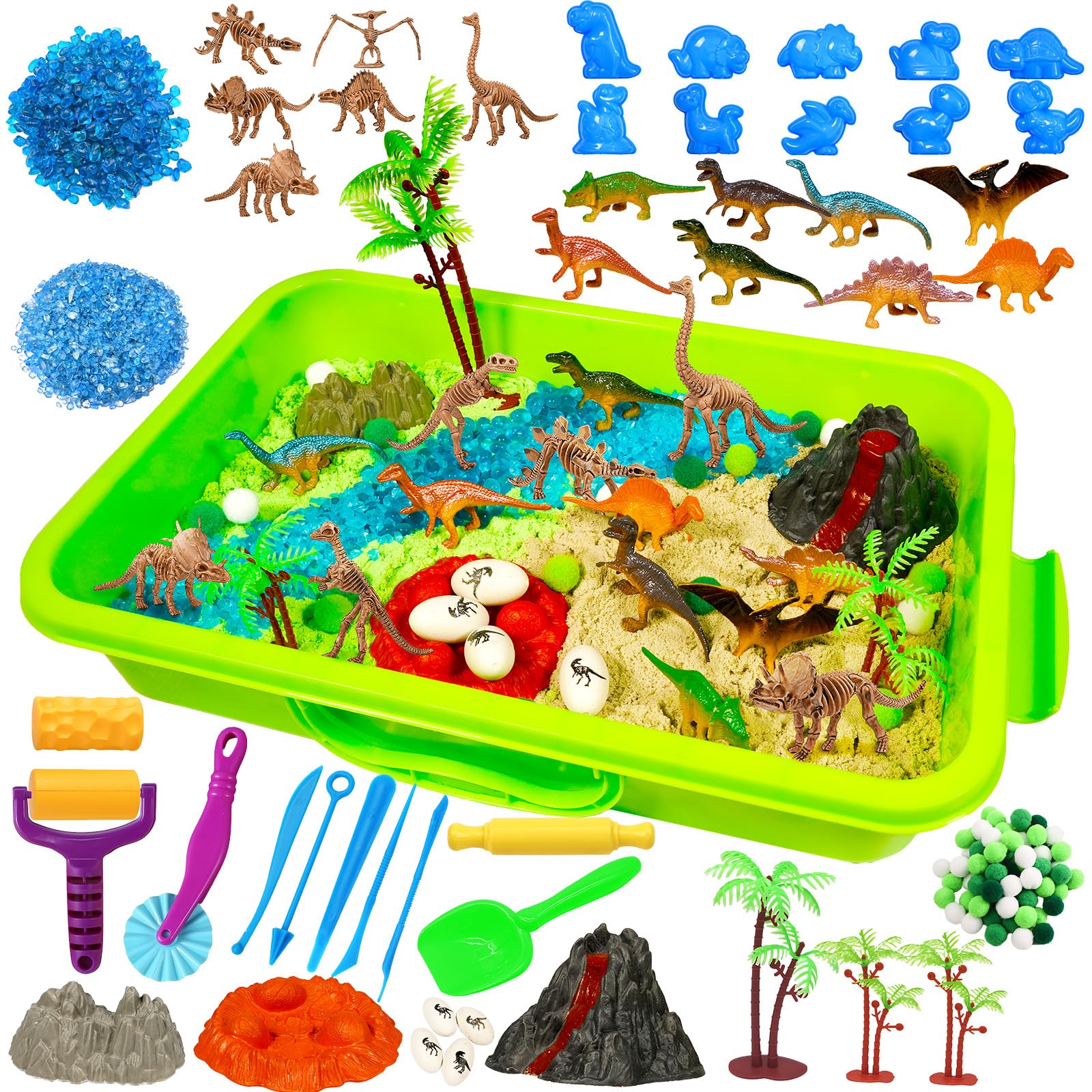 Bbiamsleep Dinosaur Sensory Bin, 147 Pcs Dinosaurs Sand Kit with Sandbox 2.2 lbs Color Sensory Sand 10 Dinosaur Mould 9 Tools Dinosaur Sensory Bin Fillers for Birthday Party