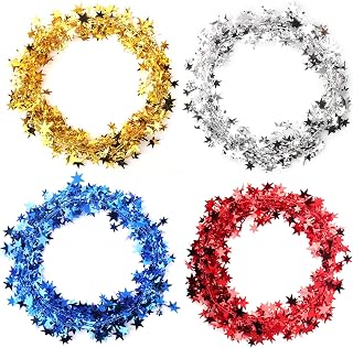 4 Rolls Christmas Star Wired Garland Metallic Glitter Star Tinsel Sparkly Star Tinsel Garlands with Wire for Christmas Tree Home Wedding Birthday Party Festive Ornament (Gold/Silver/Blue/Red)