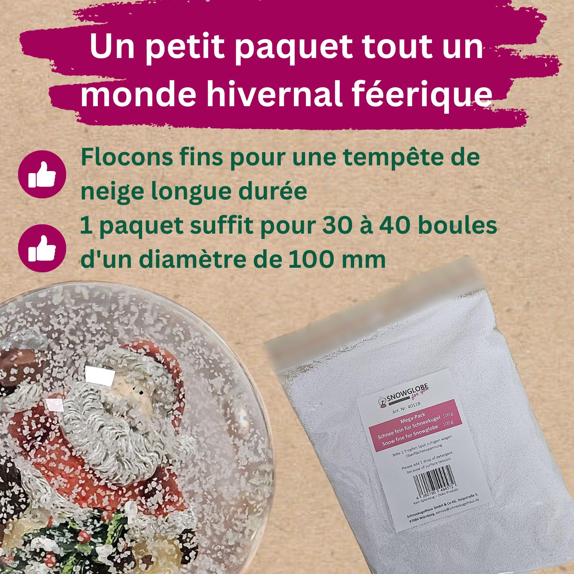 100 g de neige fine pour boules à neige DIY | Mega Pack de neige pour environ 100 boules à neige | neige fine | 40118